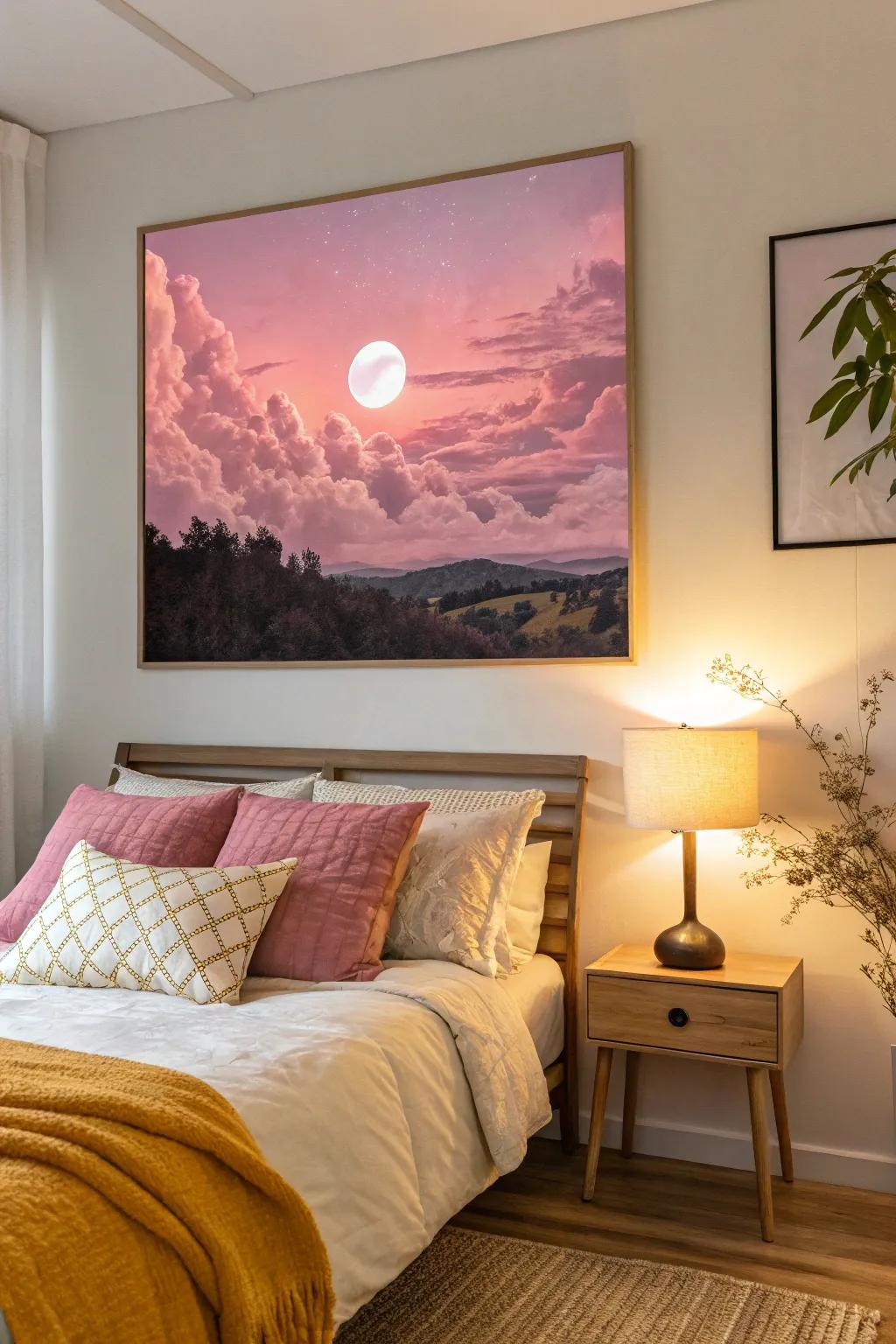 A fanciful roseate sky with a moon shapes a dreamy atmosphere.