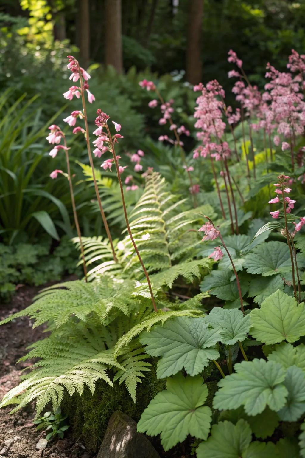 Feathered greenery and melody chimes fashion a lush and richly textured garden tableau.
