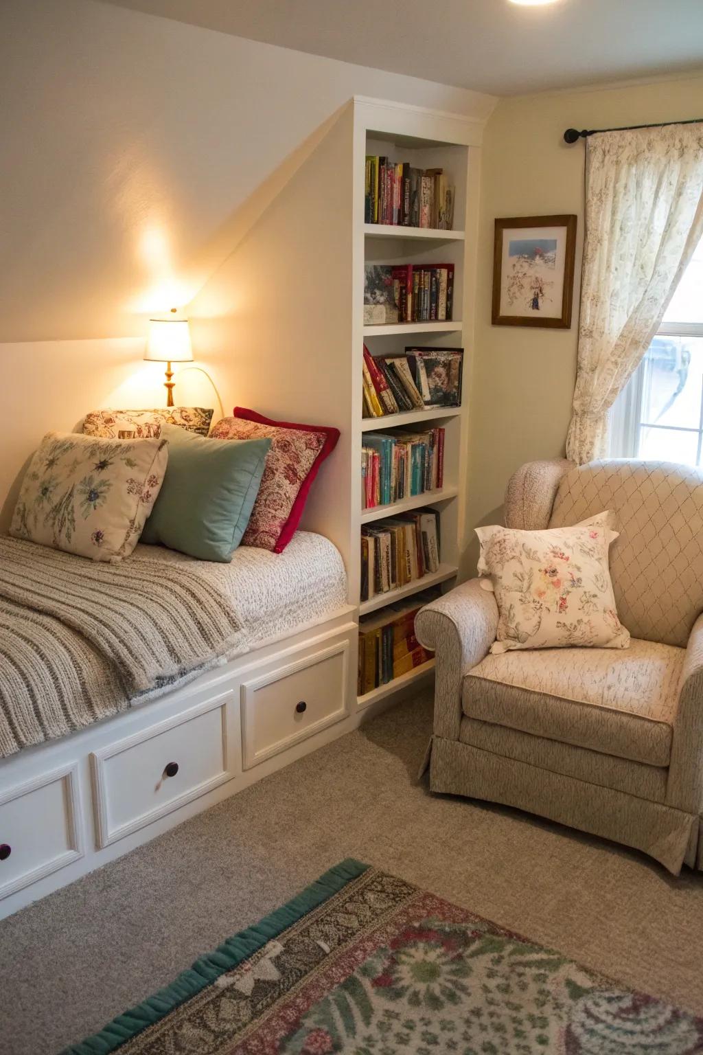 A reading nook provides a welcoming escape adjacent to a corner bed.