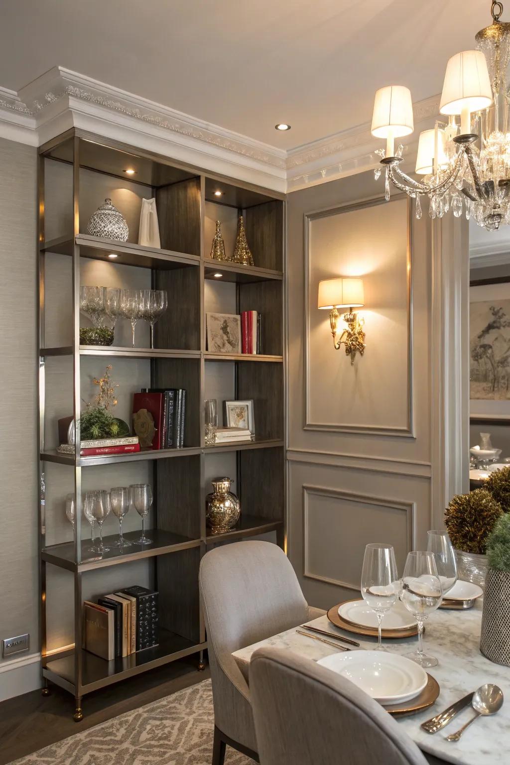 Lustrous shelves add a glamorous touch to your dining area.