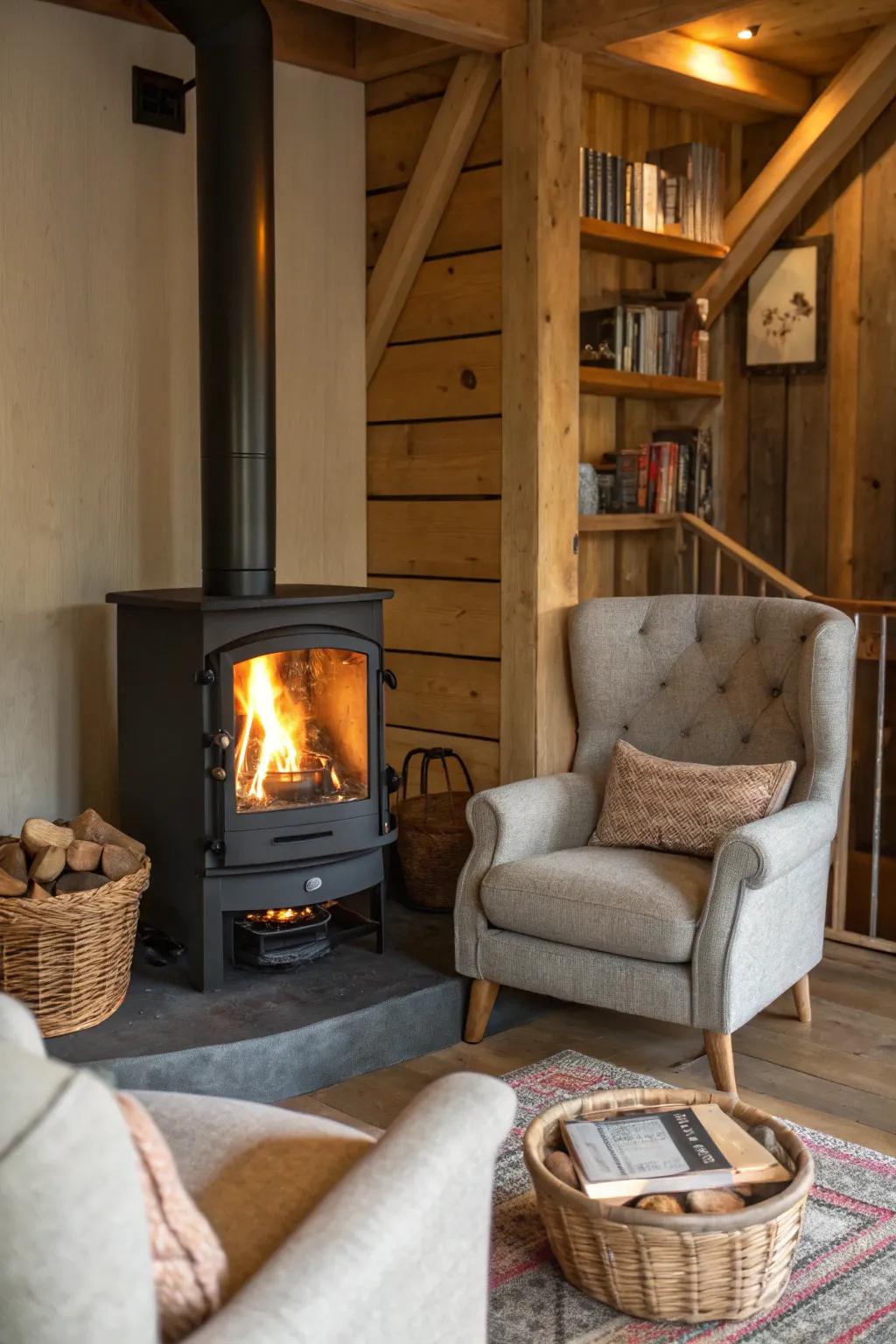 An inviting seating enclave welcomes warmth and conversation.