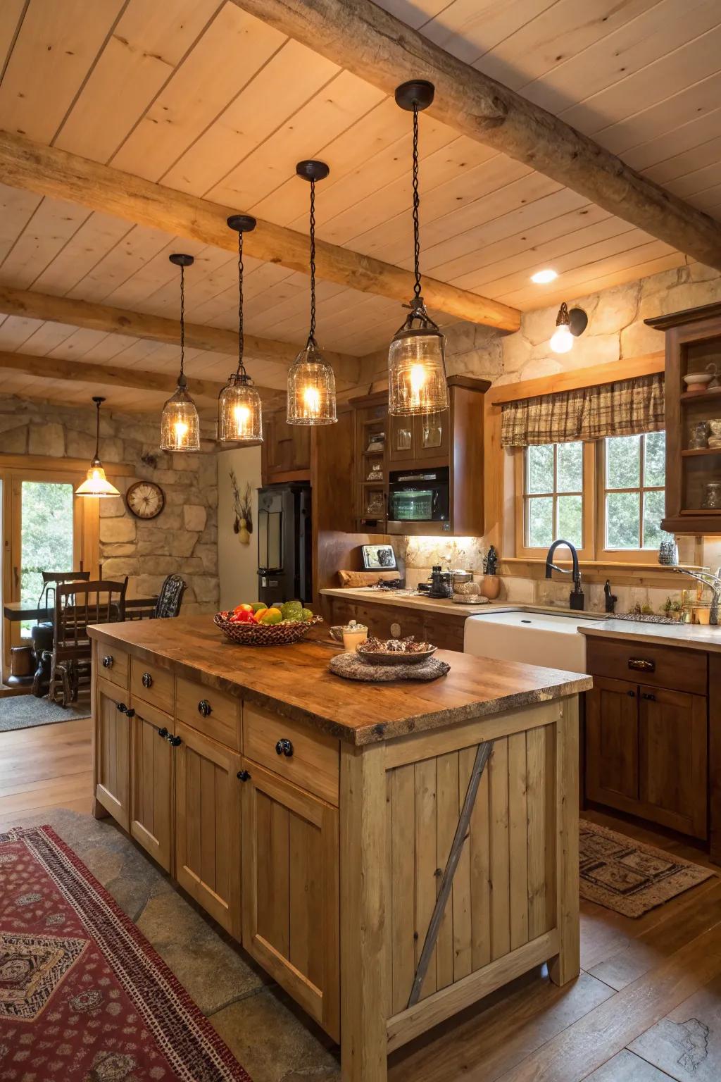 Radiant hanging lights illuminate this welcoming kitchen.