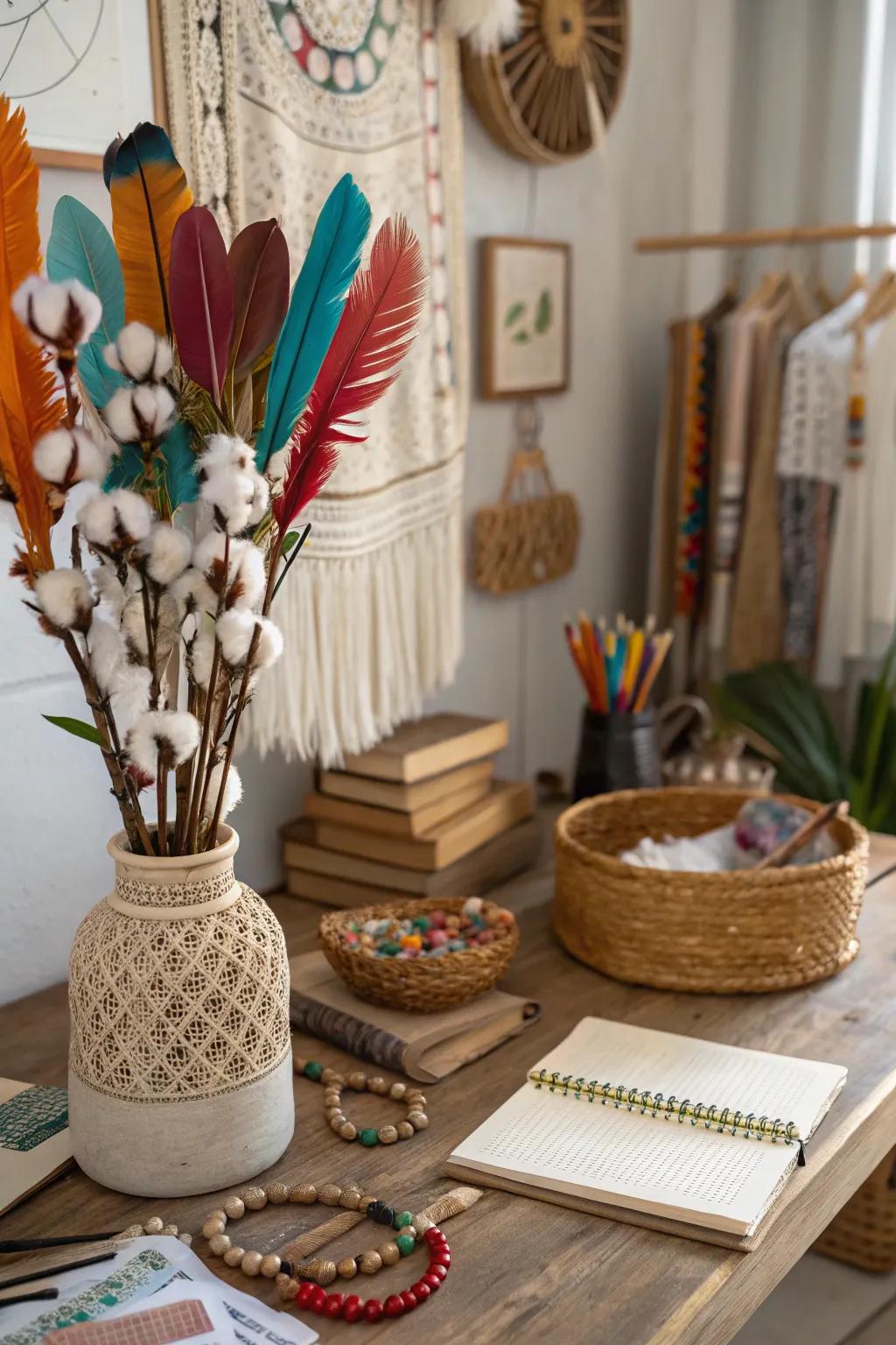 Boho chic manifested with cotton stems and vibrant accents.