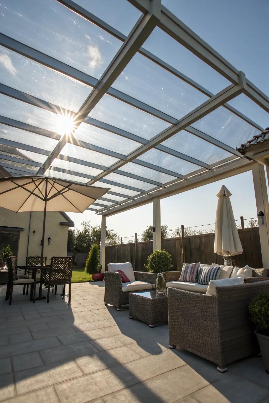 A see-through arbor top permits sunlight and blocks ultraviolet radiation for a radiant patio.