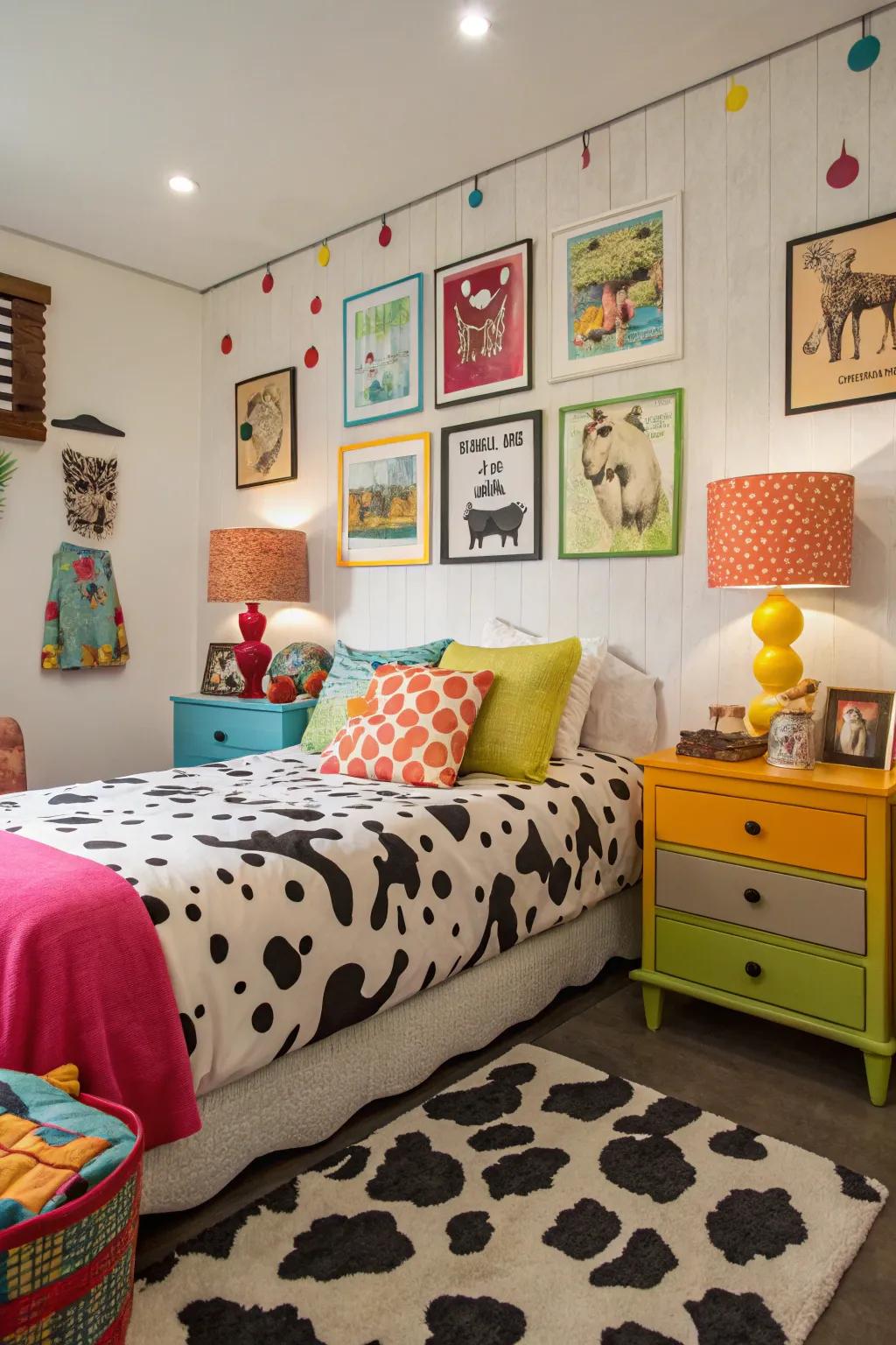 Bright colors and wild animal pattern create a playful and eclectic room.