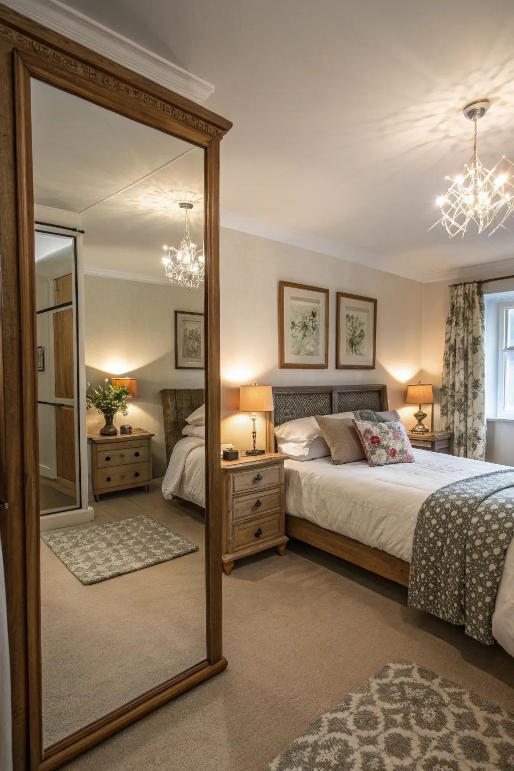 Mirrors expand area and enhance light in compact bedrooms.