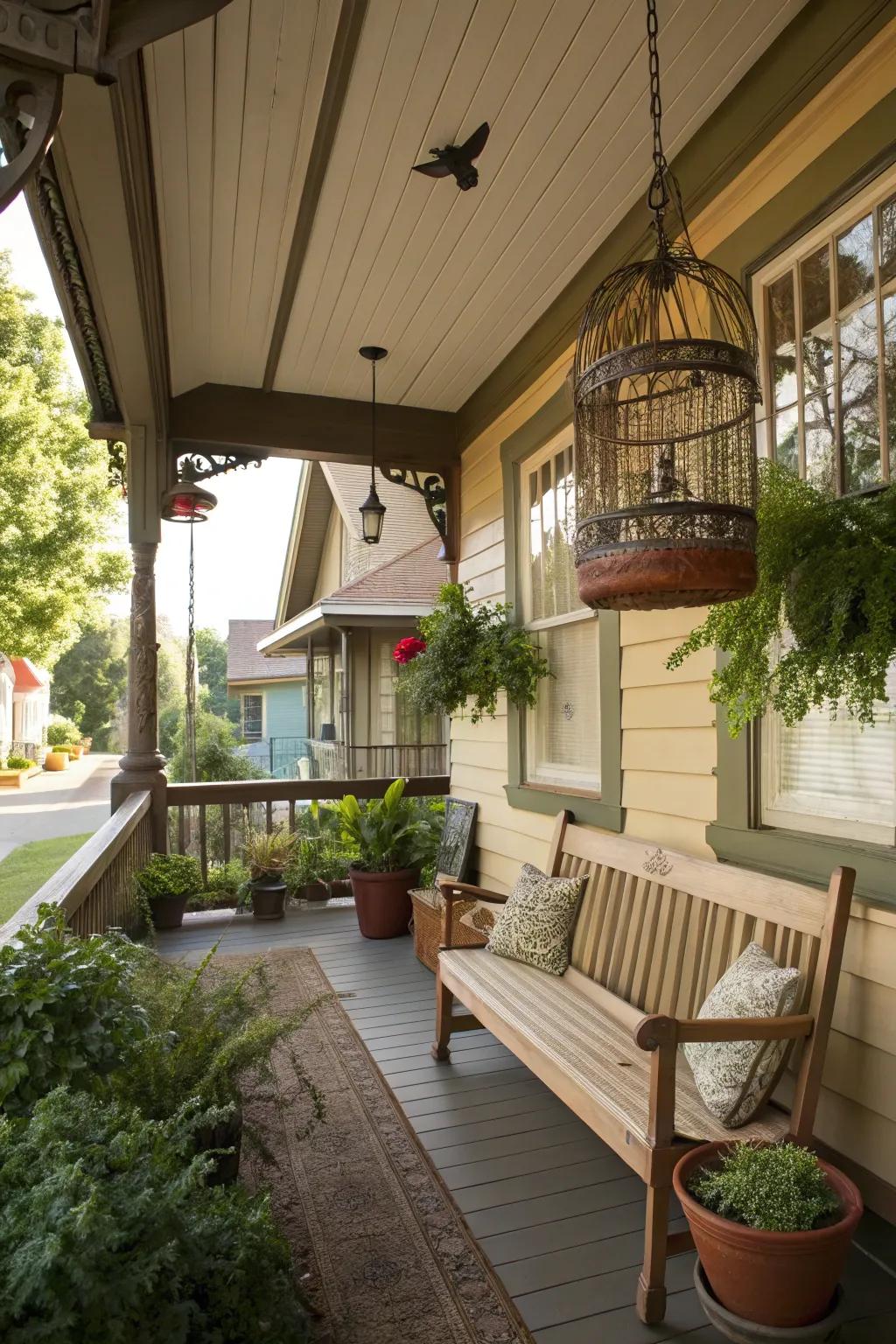 Quirky elements infuse distinct character into the porch.