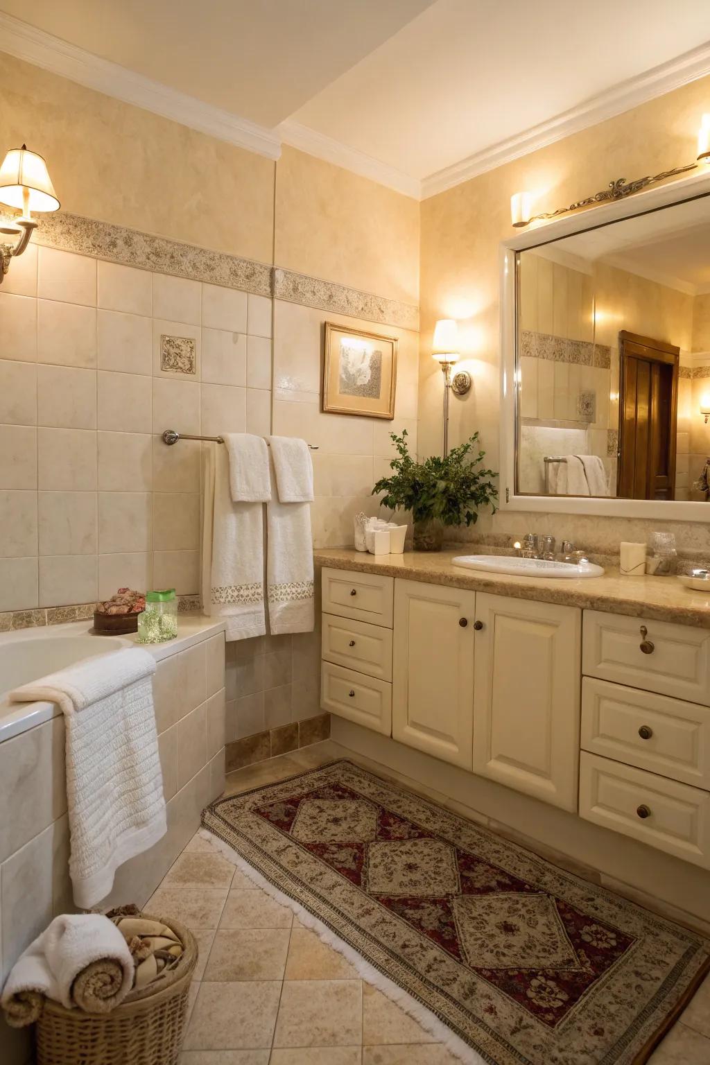 Affectionate lighting forms an inviting environment within this cream bathroom.