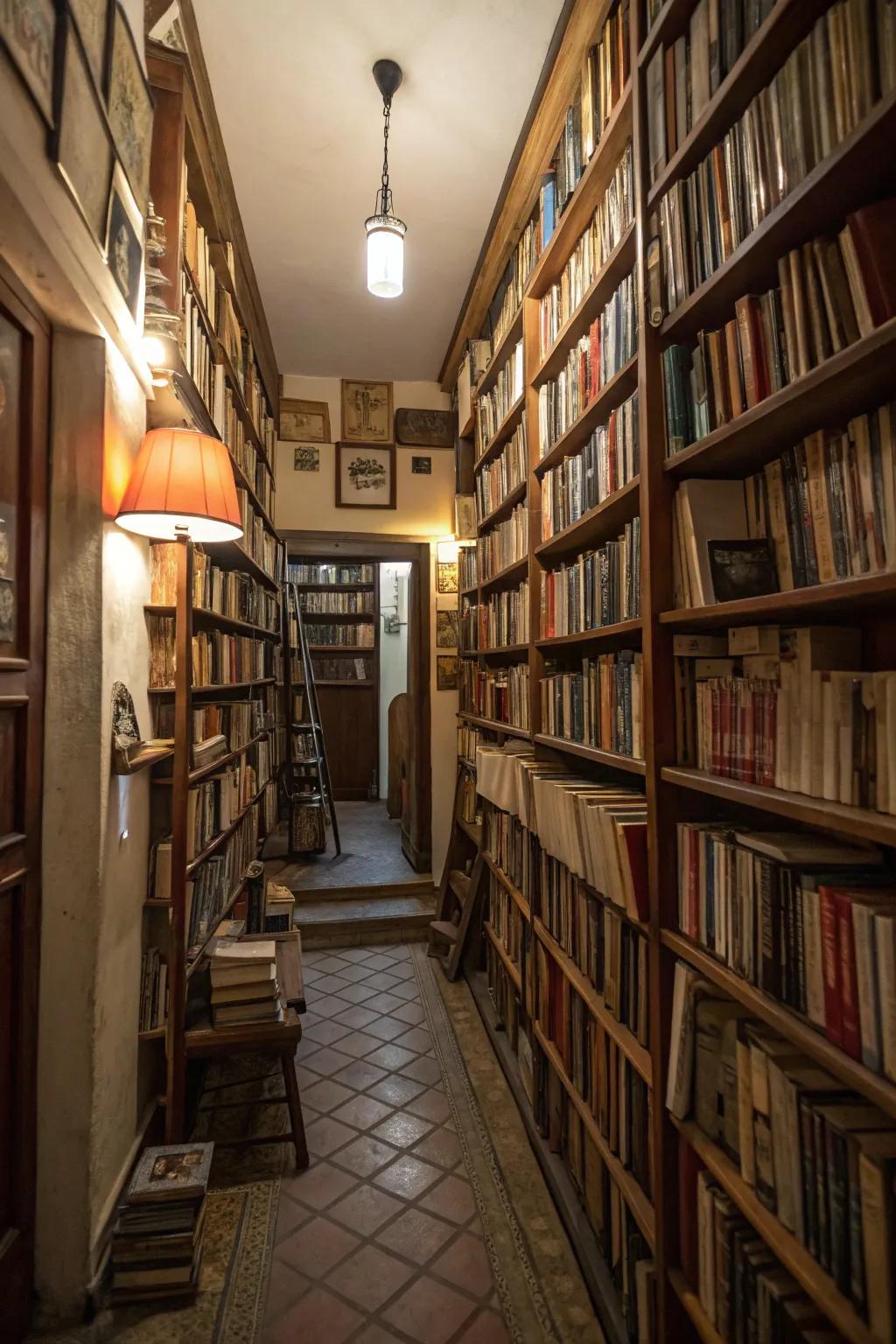 Vertical bookshelves efficiently use space and offer ample storage.