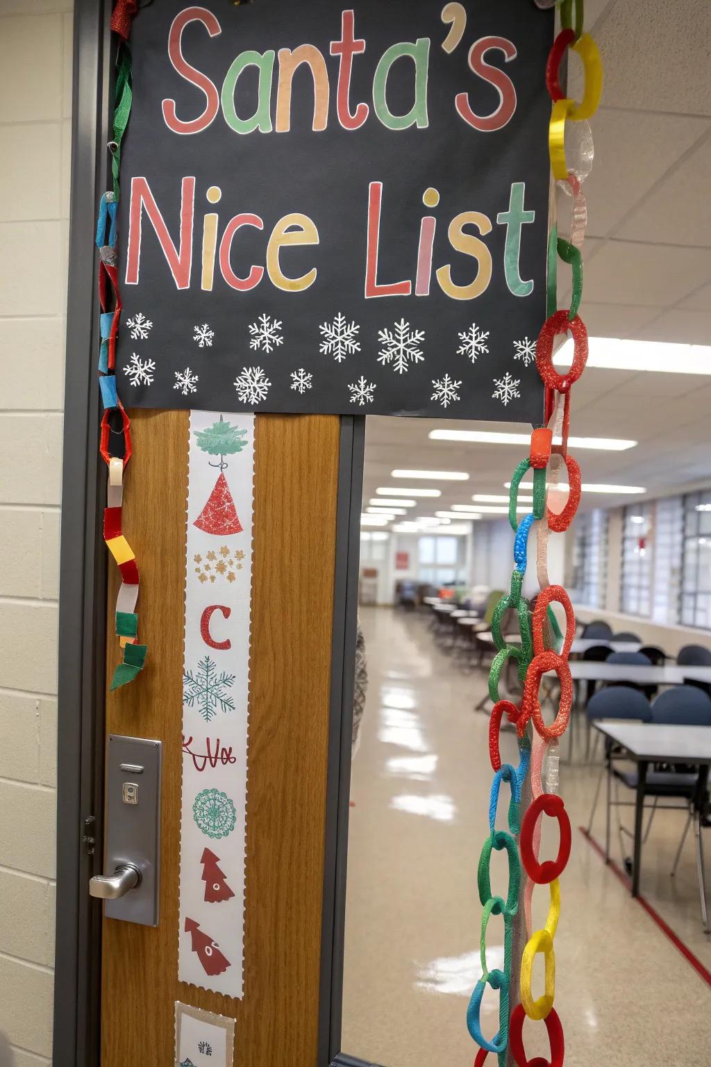 A classroom door showcasing Santa's List of Merit, commemorating student accomplishments.