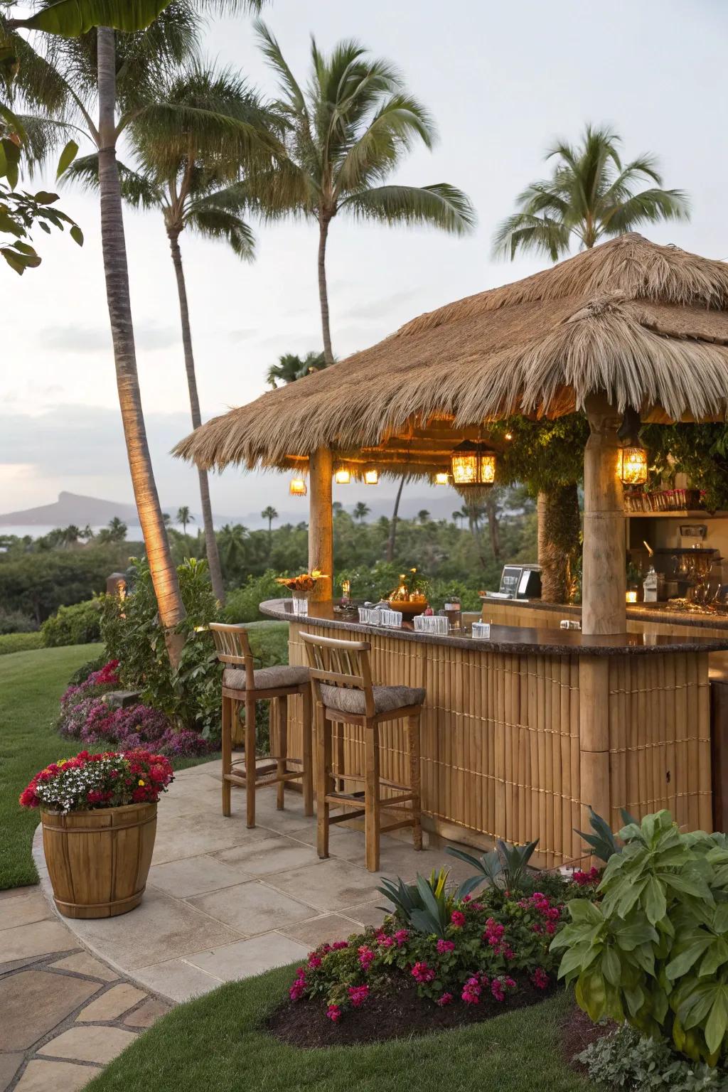 A tiki-inspired bar transmutes this backyard into a tropical paradise.