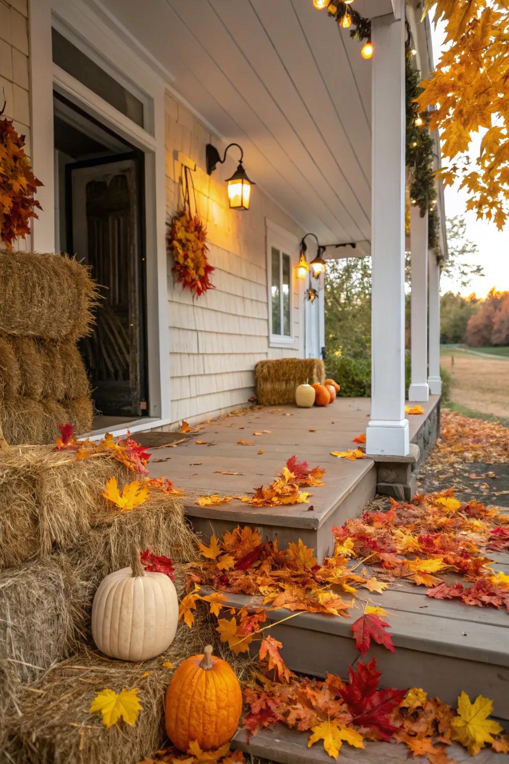 Autumn leaves and hay bales add seasonal charm.