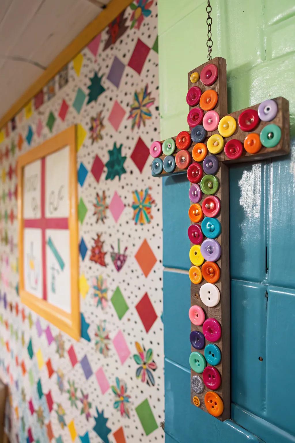 Whimsical figure fashioned from hued knobs