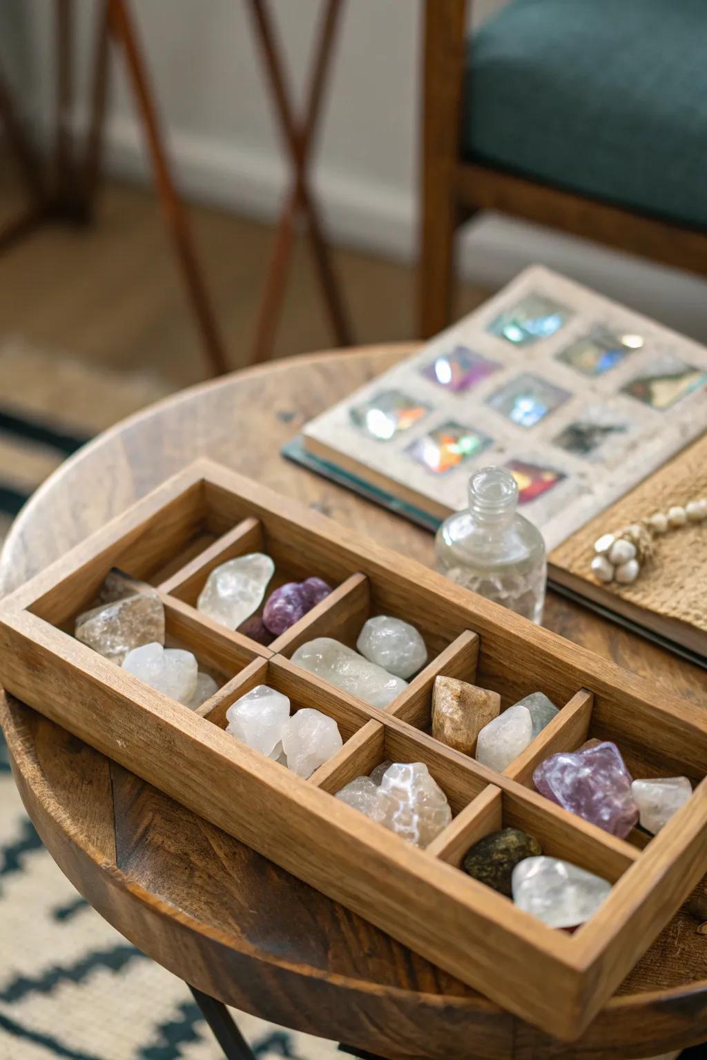 A timber tray presenting an orderly collection of crystals.