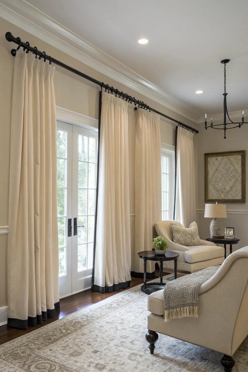 Dark curtain supports extend a daring, sophisticated contrast within any given area.