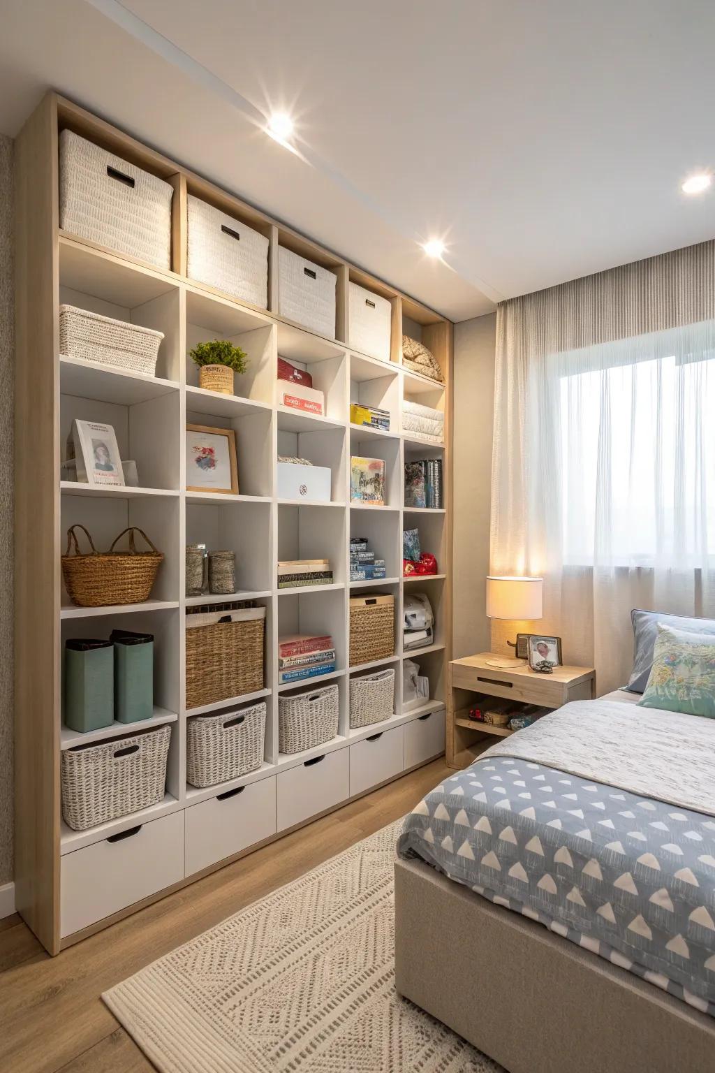 Systemized storage perpetuates an orderly chamber.