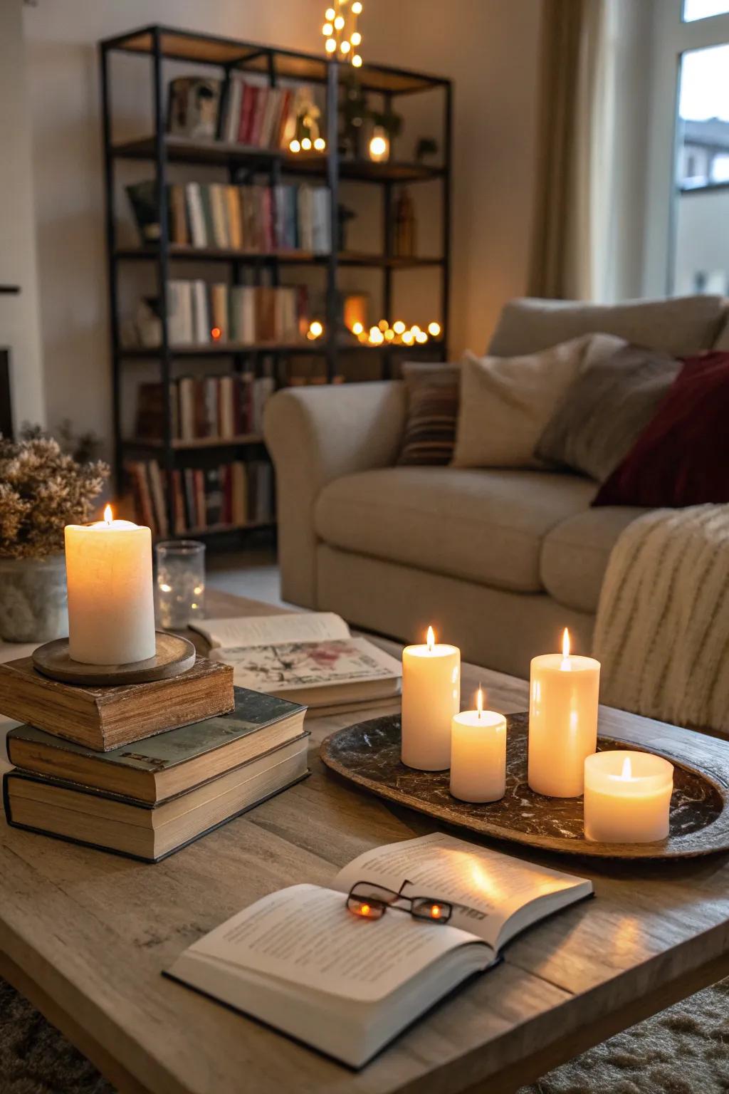 Inviting accents such as candles and literature craft a snug retreat.