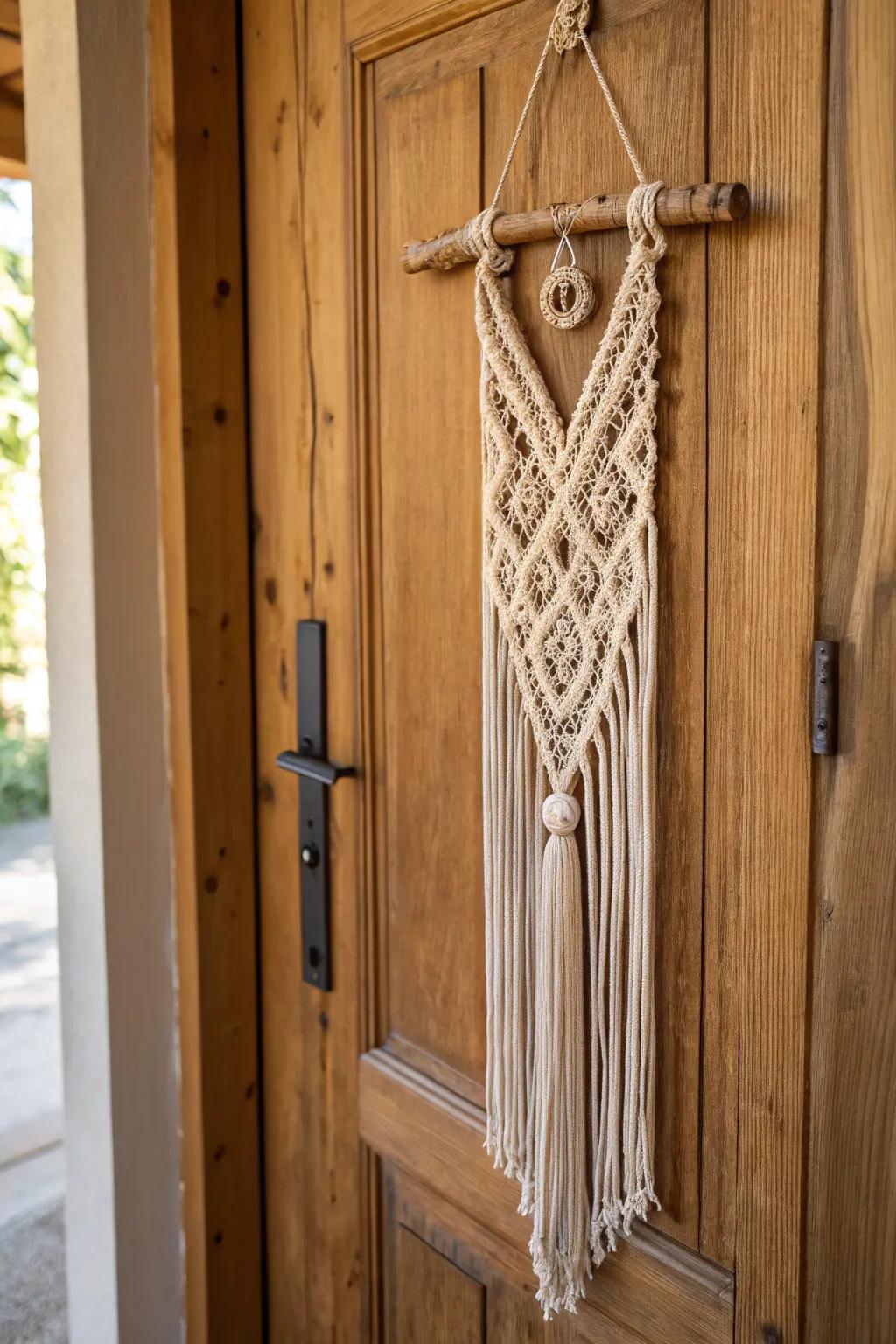 A bohemian macramé door adornment for a hint of texture and panache.