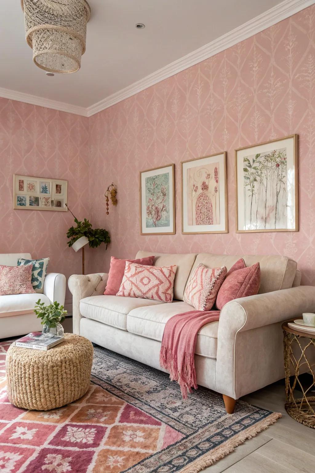Textured rose wall covering imparts visual intrigue and depth to the walls.