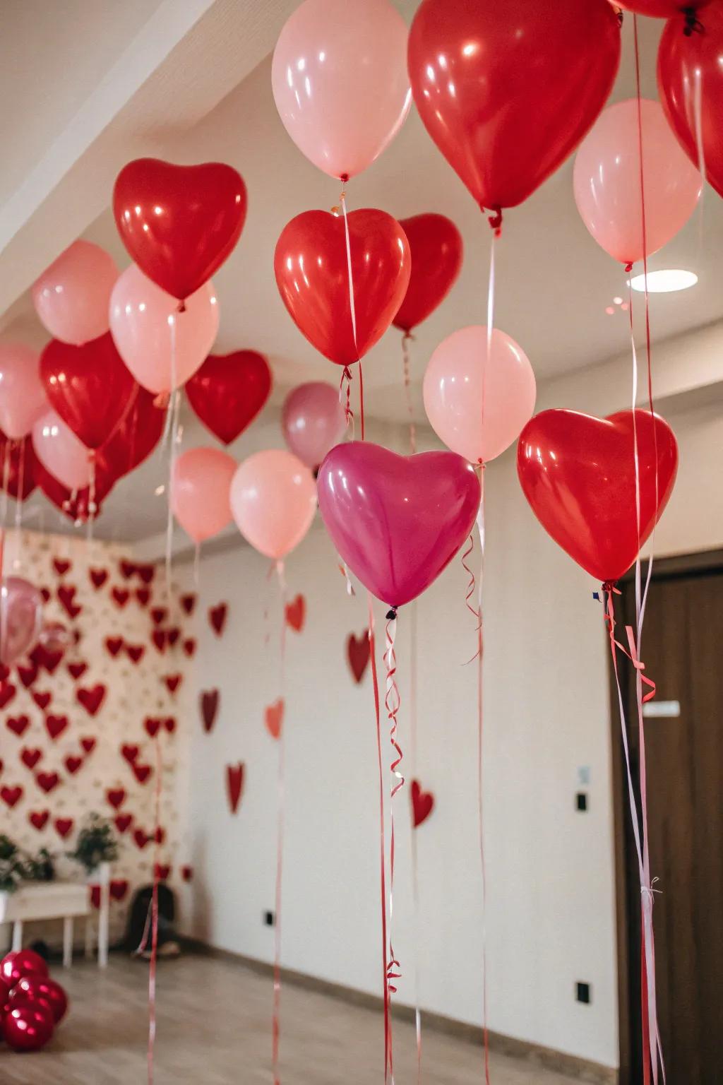 A chamber bursting through heart-contoured balloons, incorporating a jubilant accent.