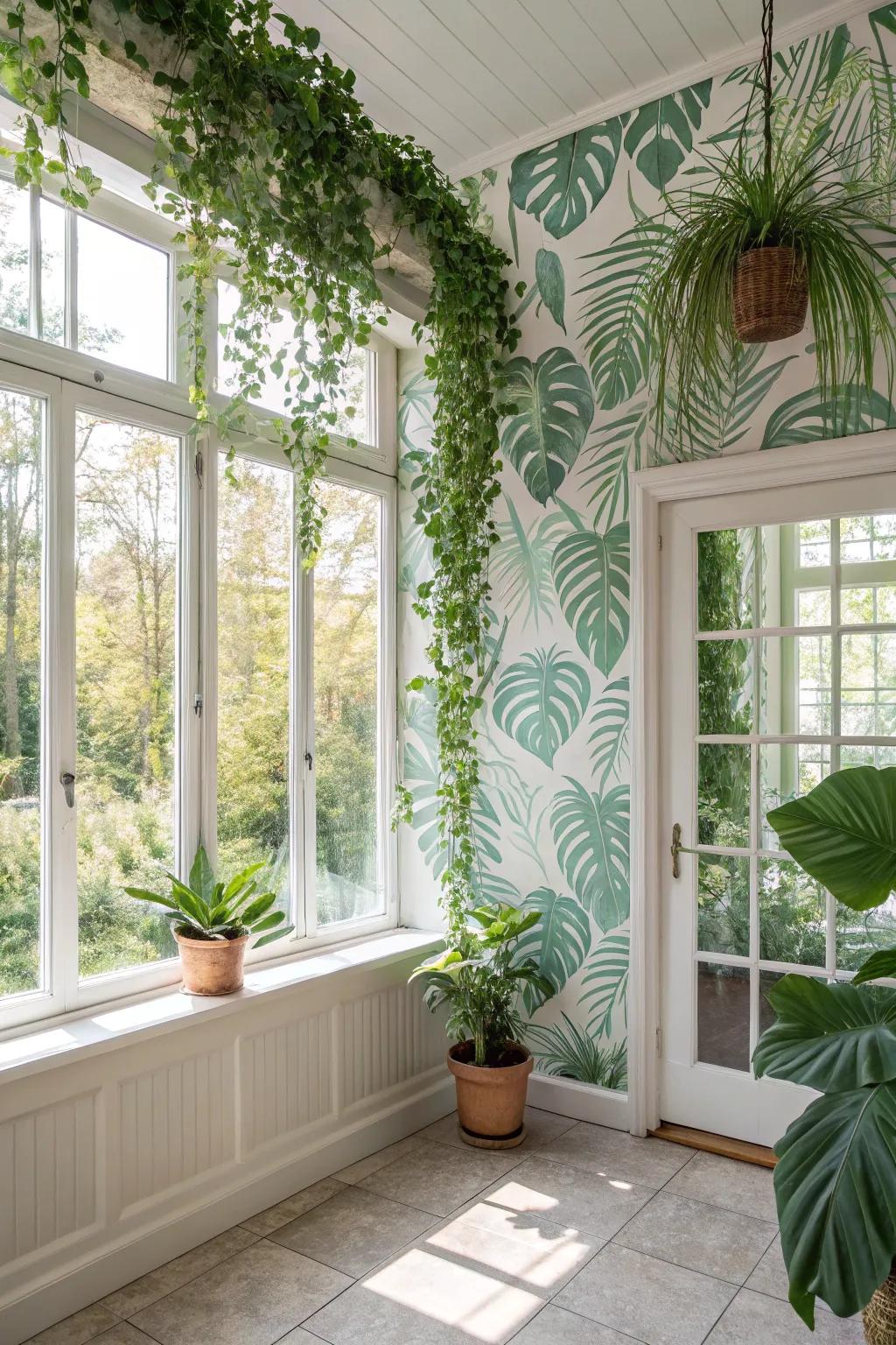 A sunroom with tropical foliage wall covering, crafting a rich, vacation-like escape.