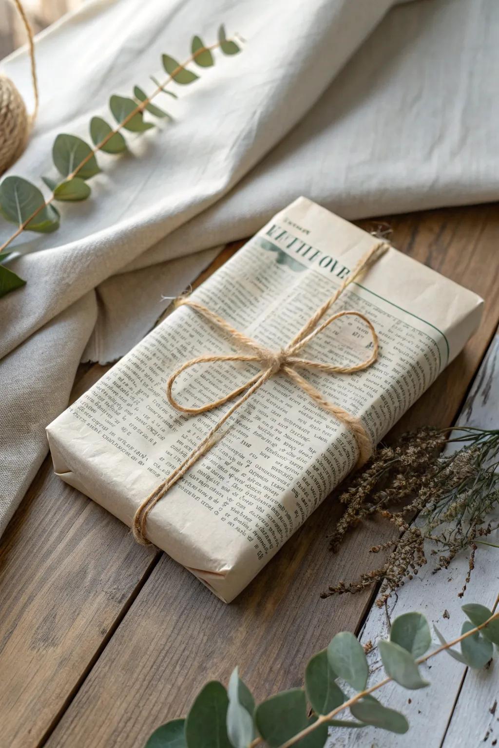 Embrace nostalgic vibes through delightful broadsheet-wrapped gifts, radiating enduring elegance.