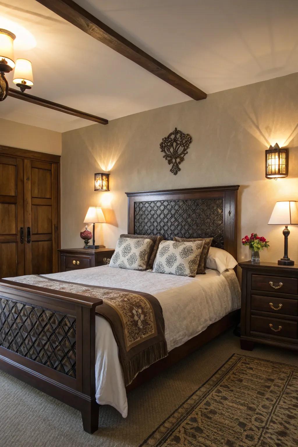 Subtle lighting enhances the warmth of deep brown decor.