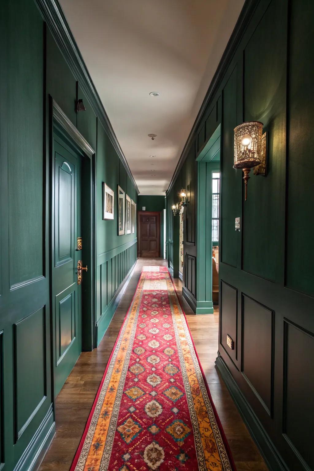 A runner carpet adds color to this hallway in dark green.