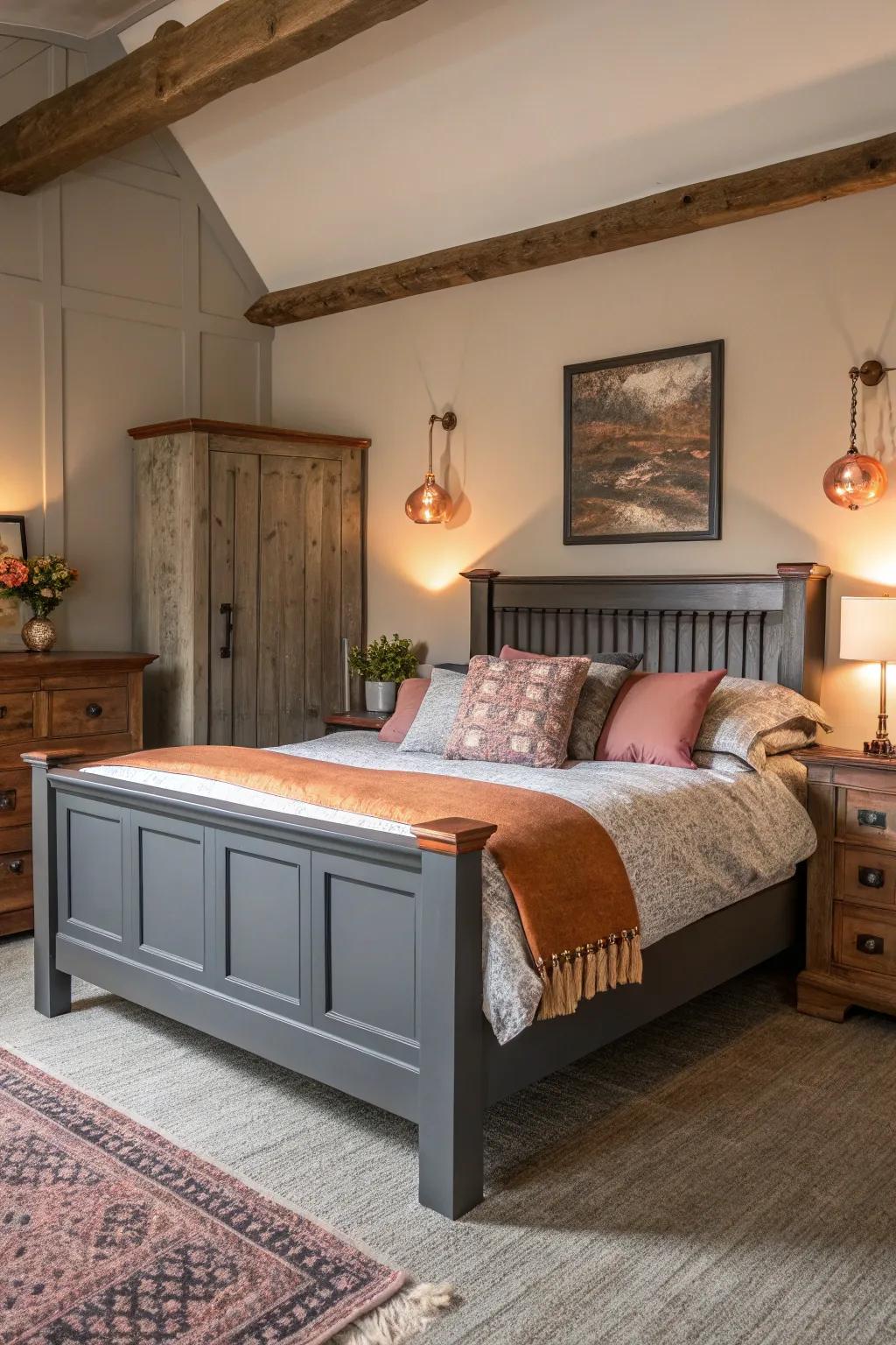 Copper accents add warmth and elegance to a grey-themed bedroom.
