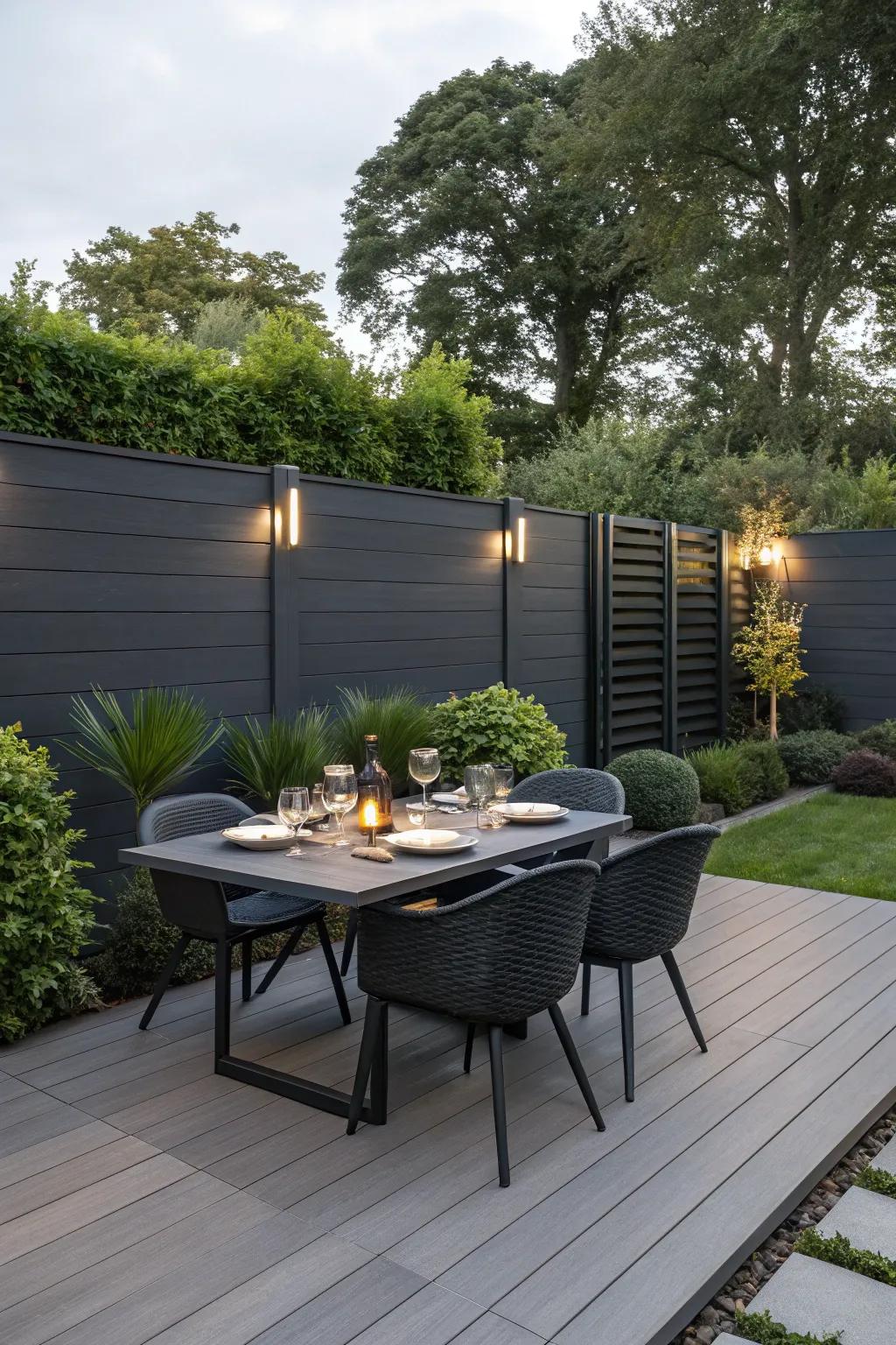 A modern terrace with a charcoal-toned fence and coordinated decking for outdoor dining.
