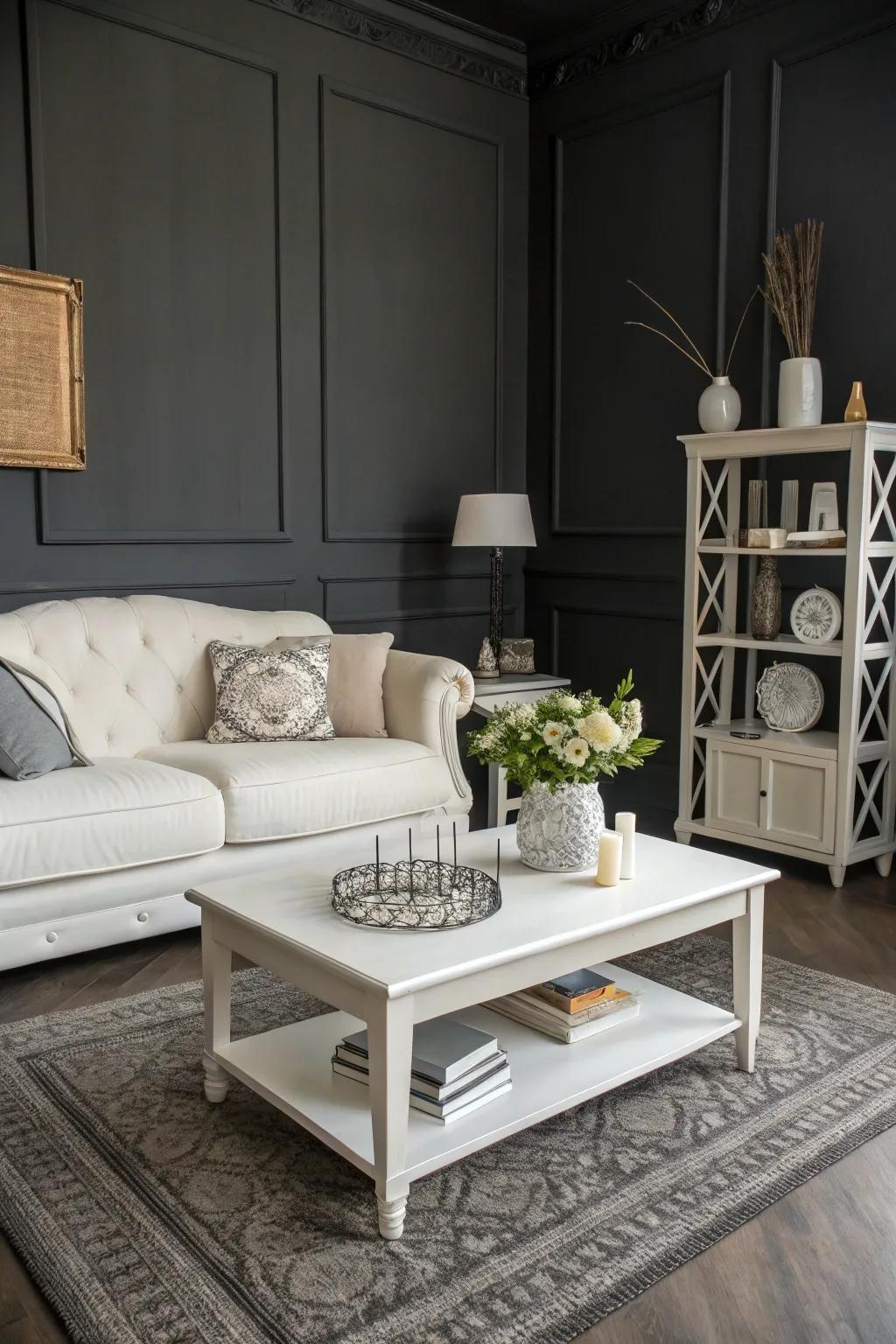 White accents creating a crisp contrast in a grey room.