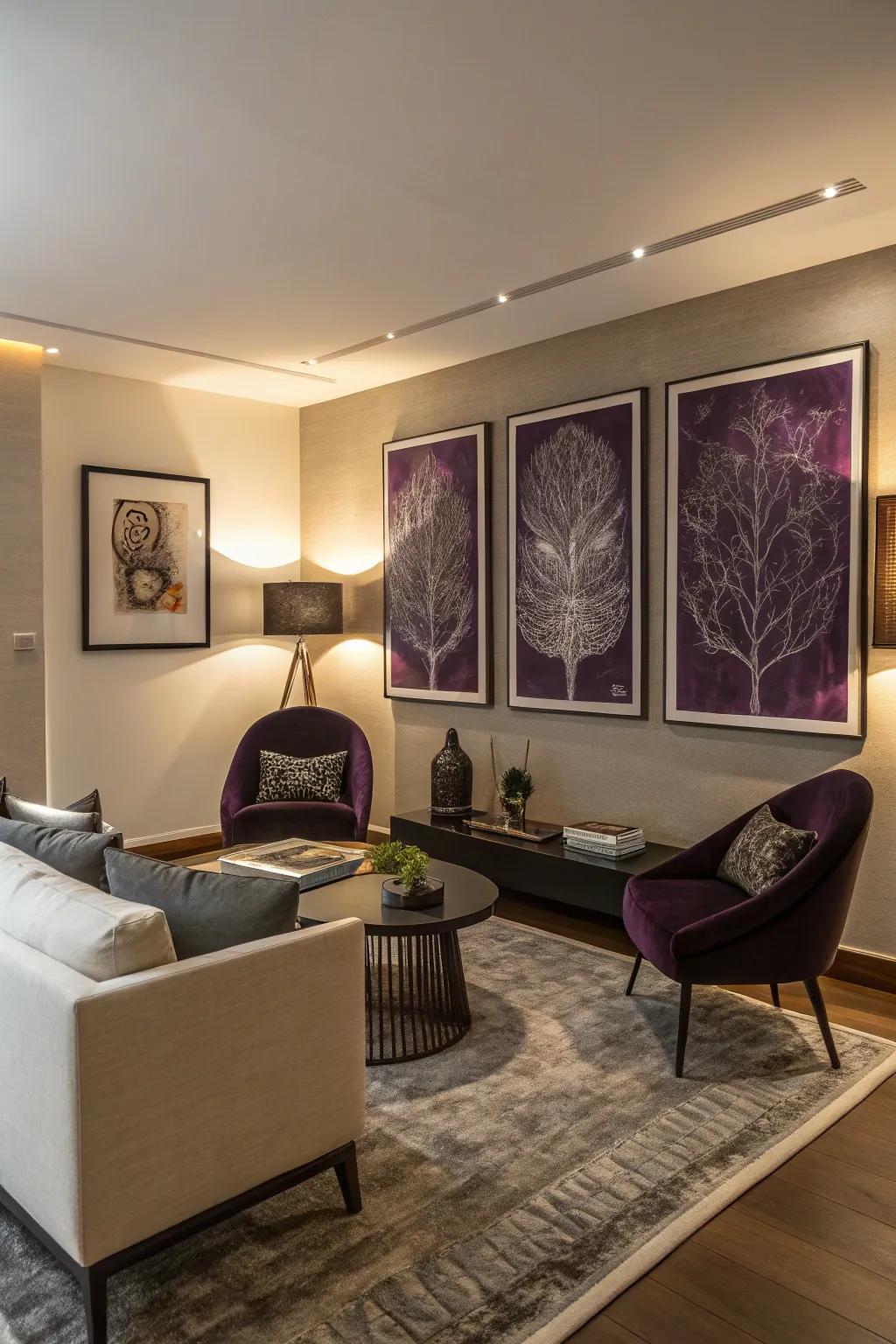 Violet artistic pieces introduce a burst of color and intrigue to this modern living area.