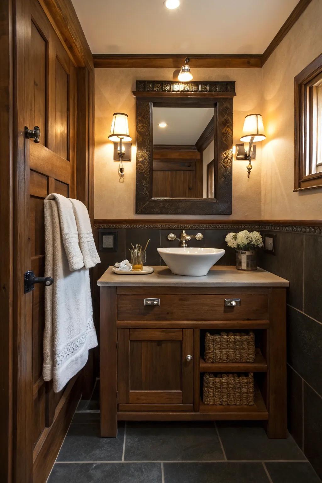 A comfortable environment is created by the inviting shades of deep wood and gentle illumination.