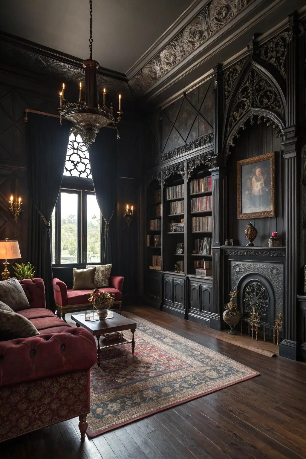 A gothic-inspired living room featuring dark wood floors and antique accents.