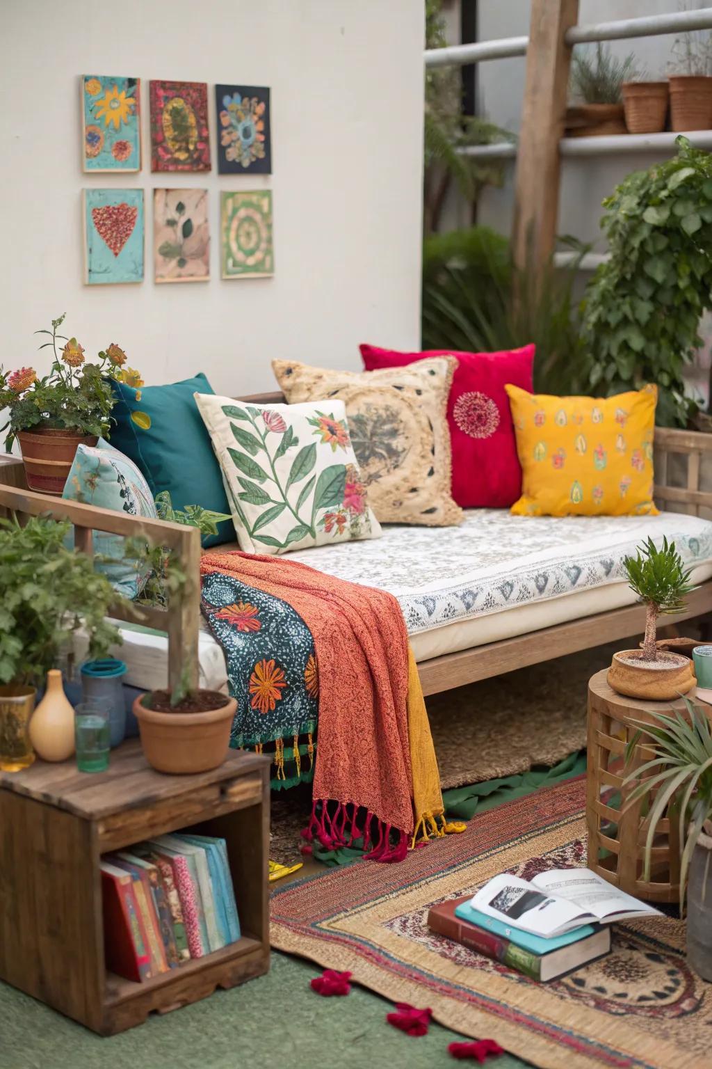 Eclectic decor elements infusing a personal signature to this daybed's presentation.
