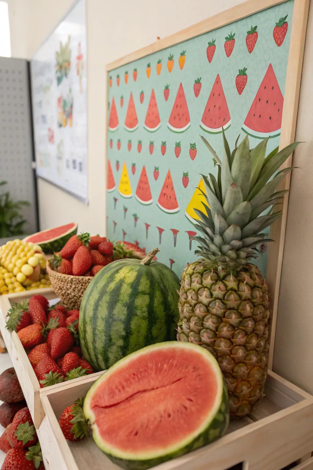 Fruity Festival bulletin board featuring vibrant fruit embellishments.
