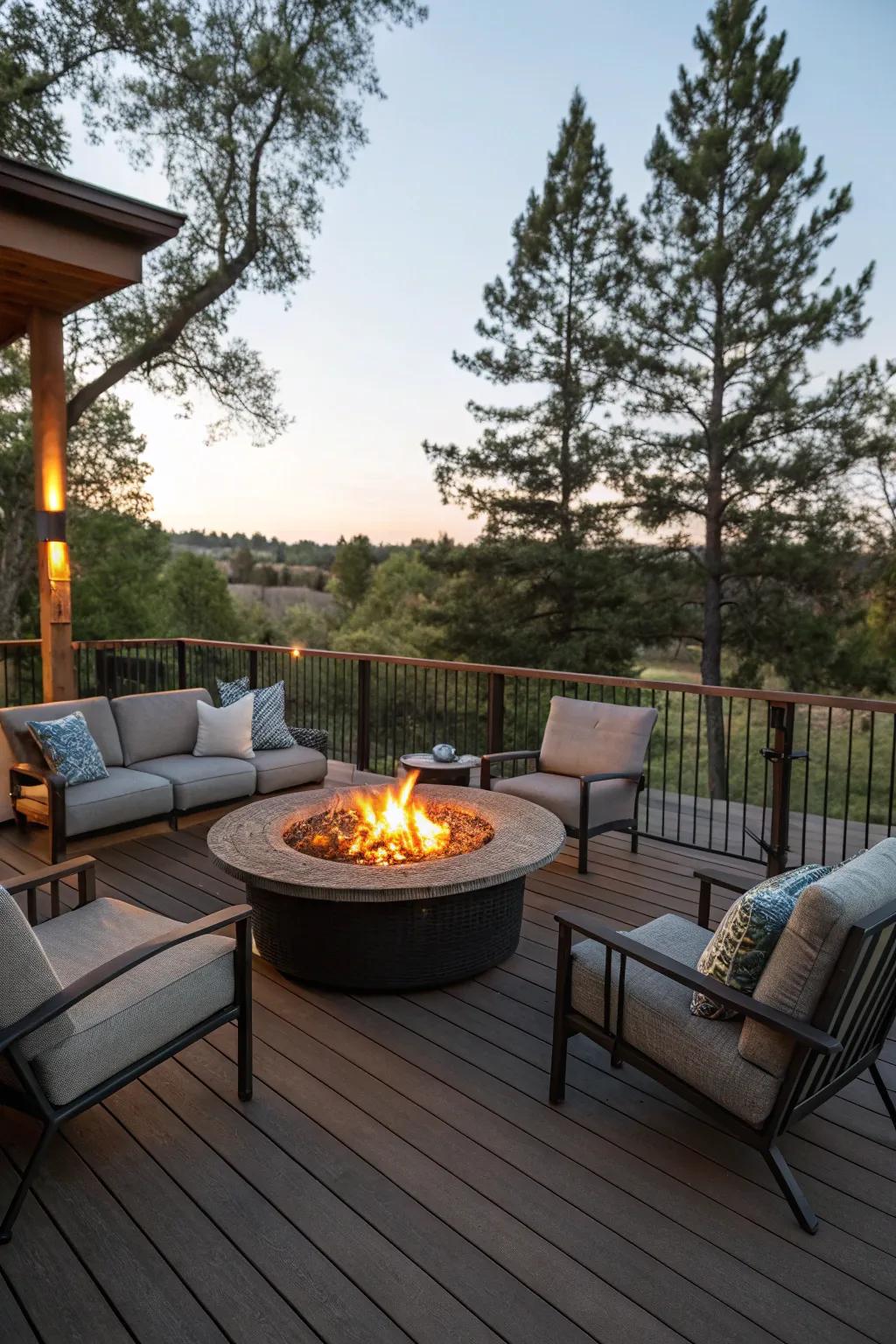 An open-air hearth transforms into the nucleus of this deck, inviting intimate gatherings.