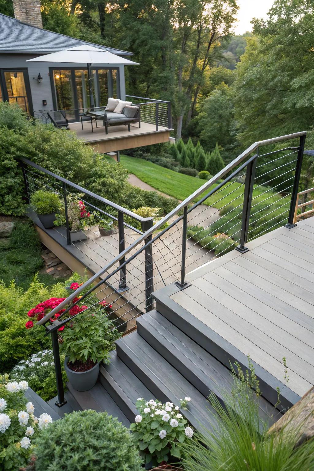 Stylish transitions and balustrades improve both the safety and charm of your deck.