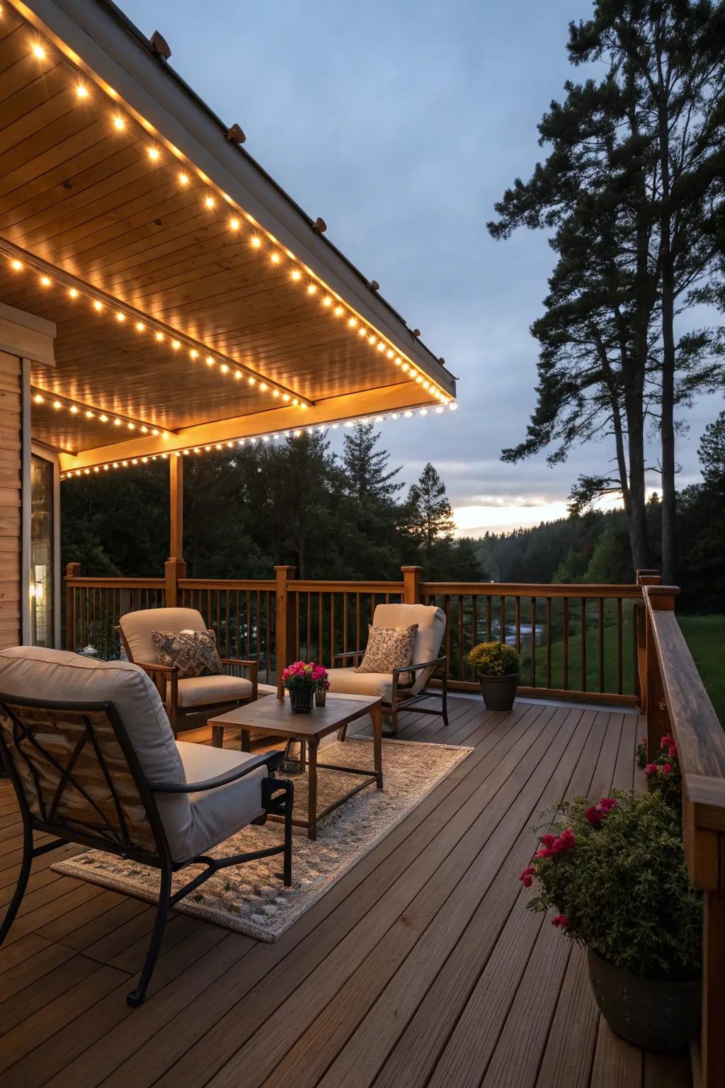 LED-lit fascia turns your deck into a nighttime haven.