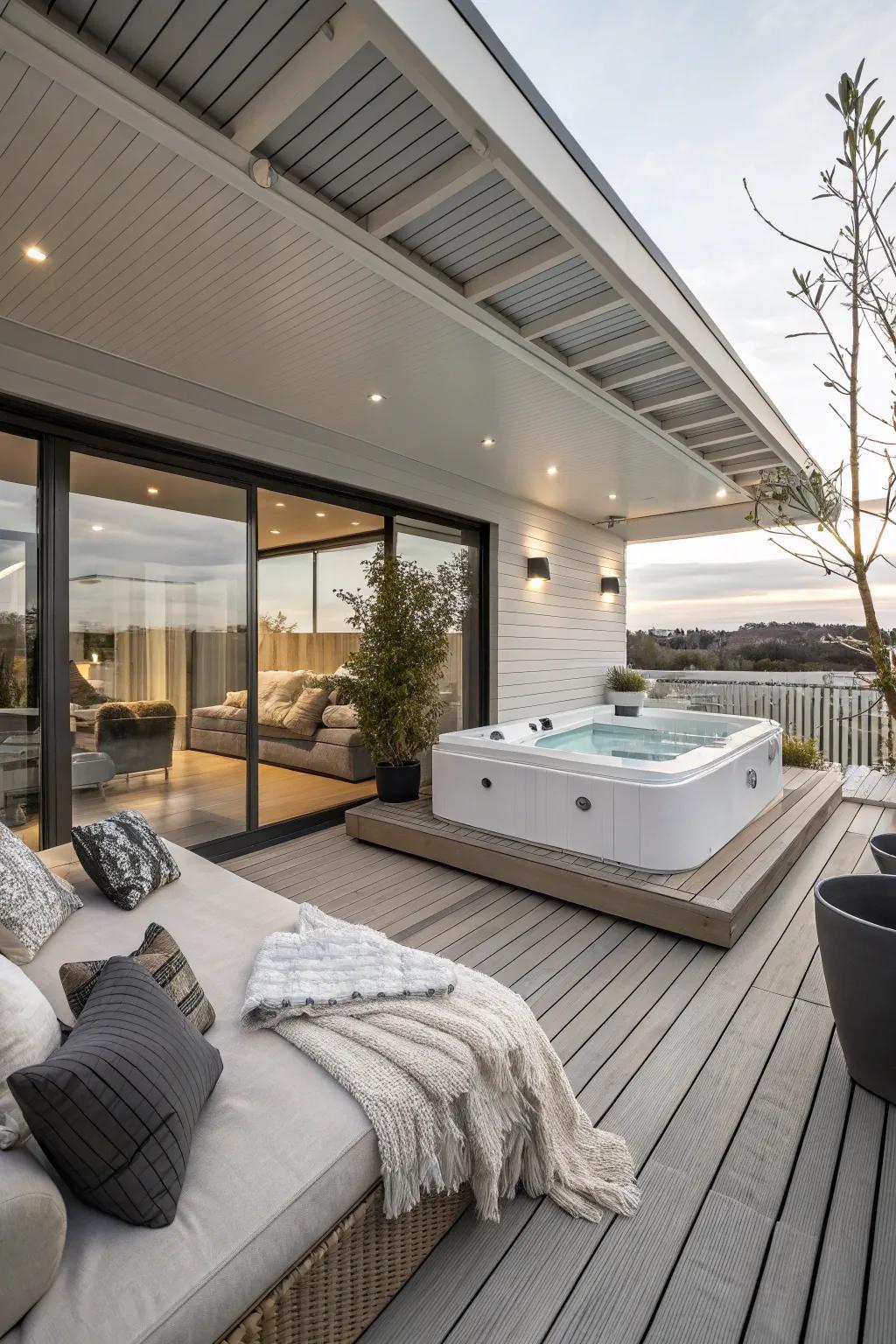 A fashionable and pleasant hot tub deck.