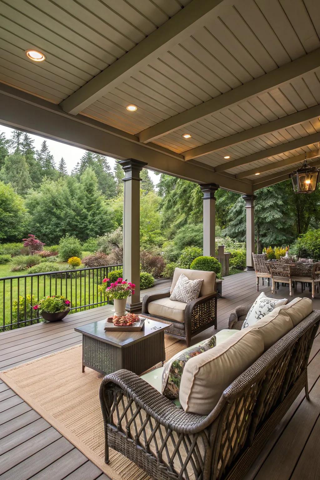 Covered patios provide a luxurious transition from indoor to outdoor living.
