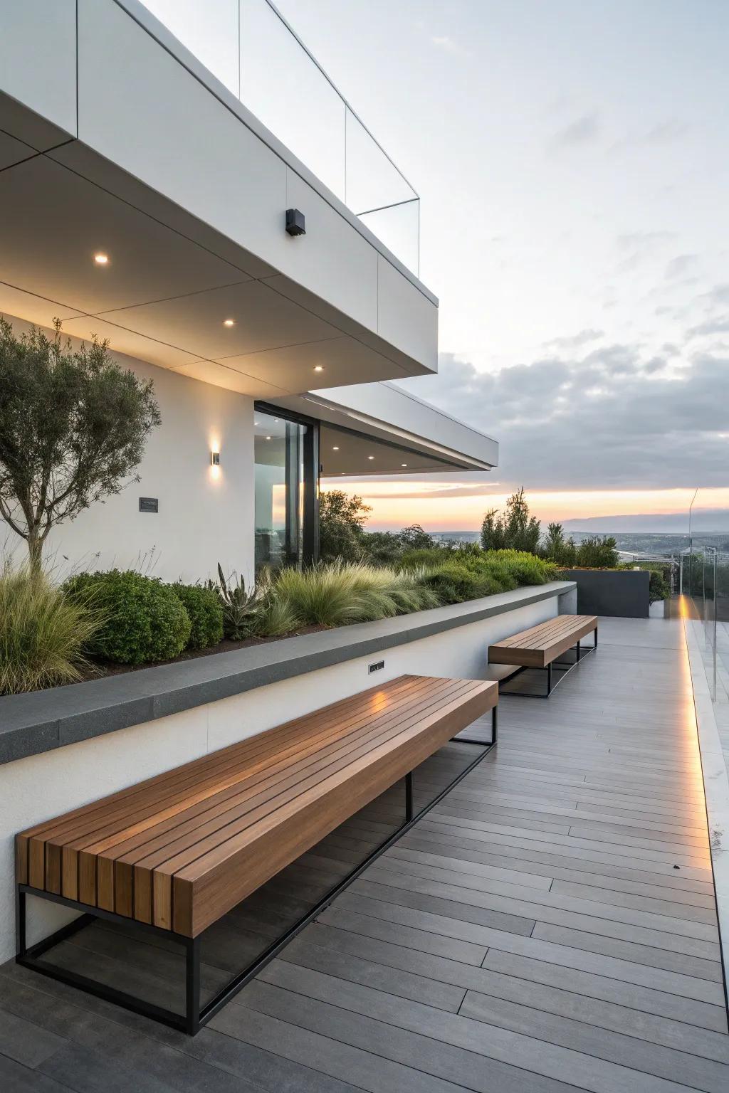 Floating benches provide a modern and airy design element.
