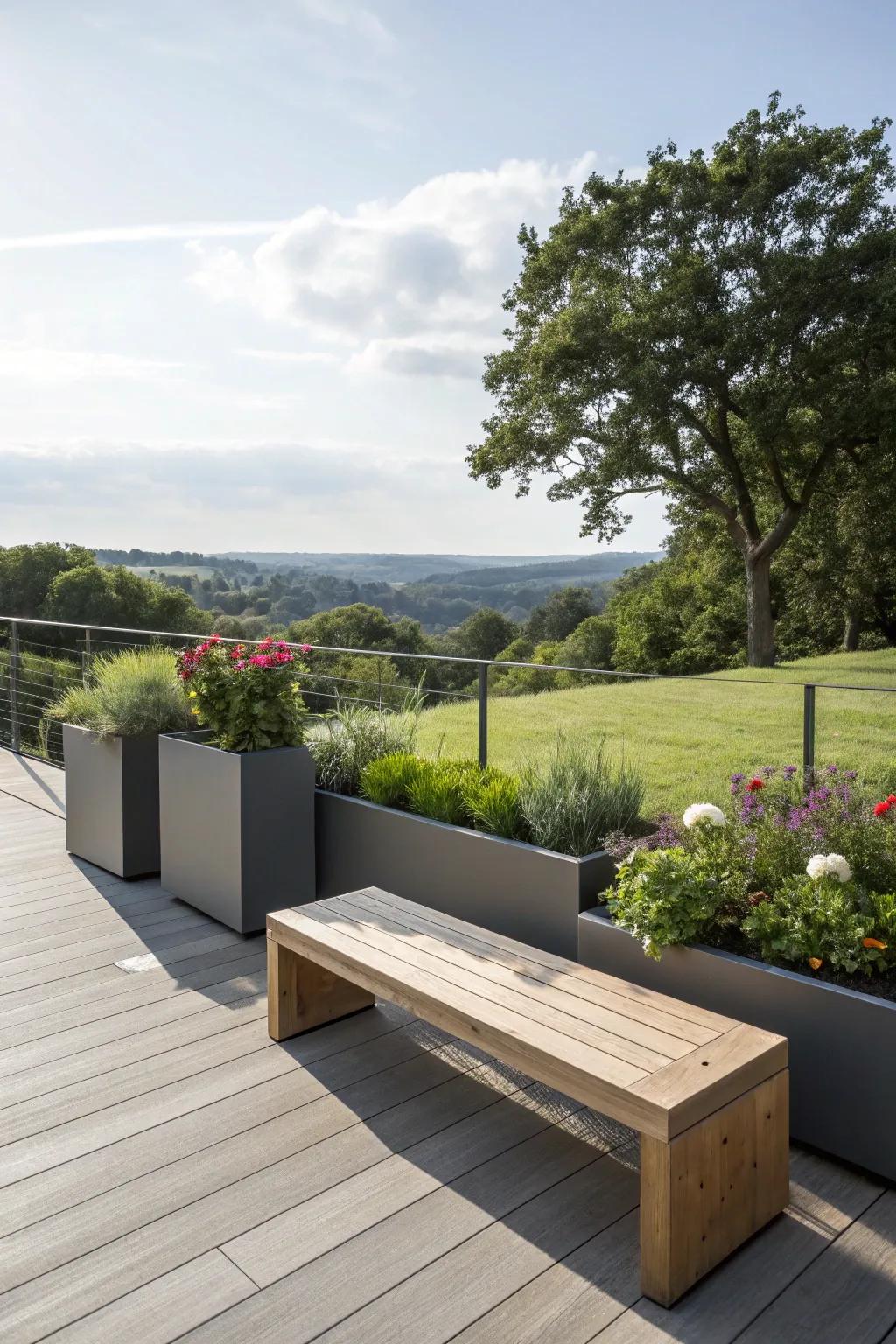 A minimalist approach featuring sleek lines and plantings.