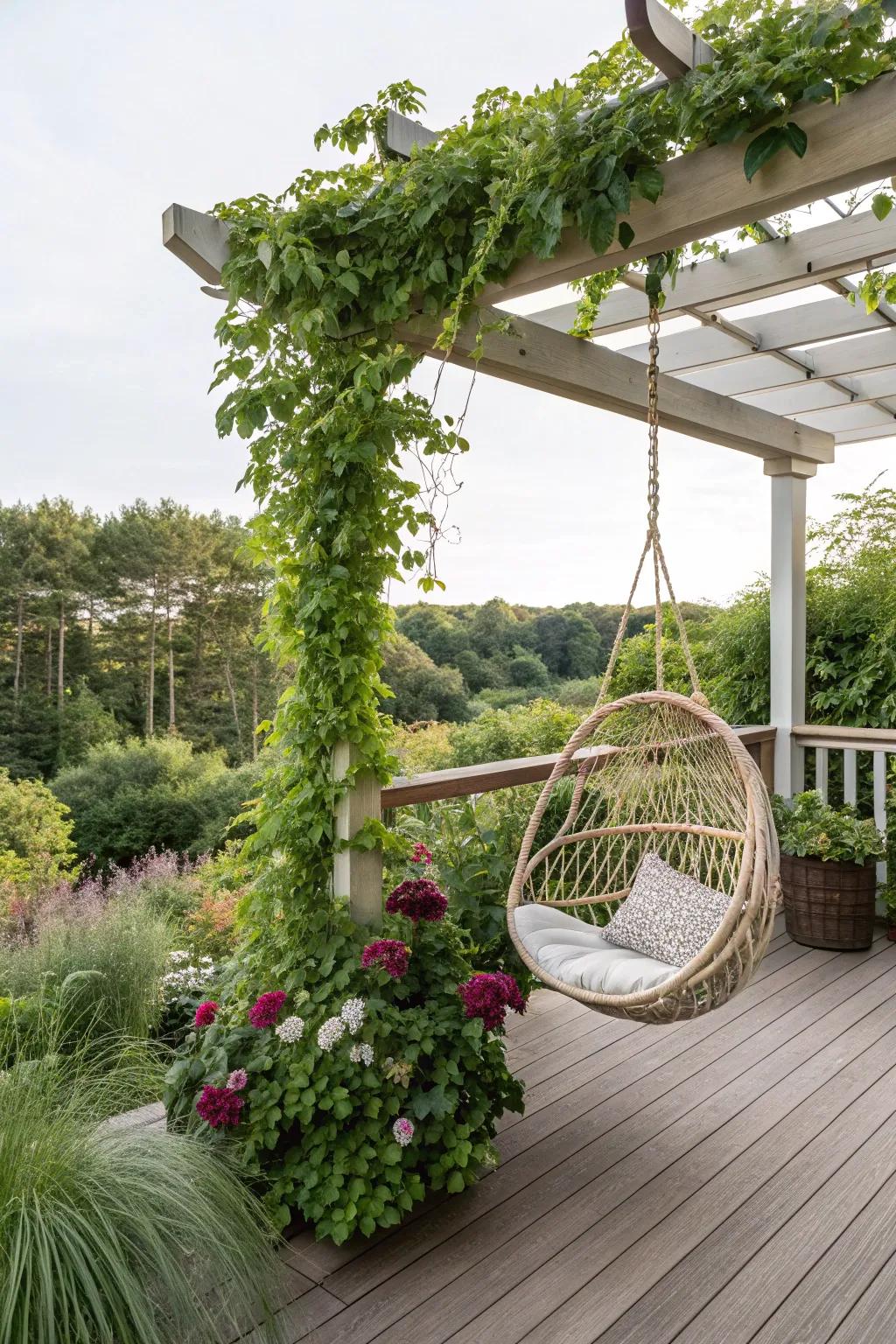 A hanging swing beneath a pergola, ideal for serenity.