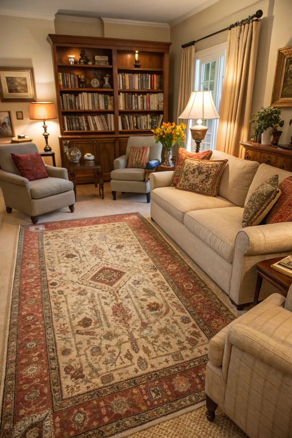 Vintage floor coverings introduce warmth and pops of color to rooms.