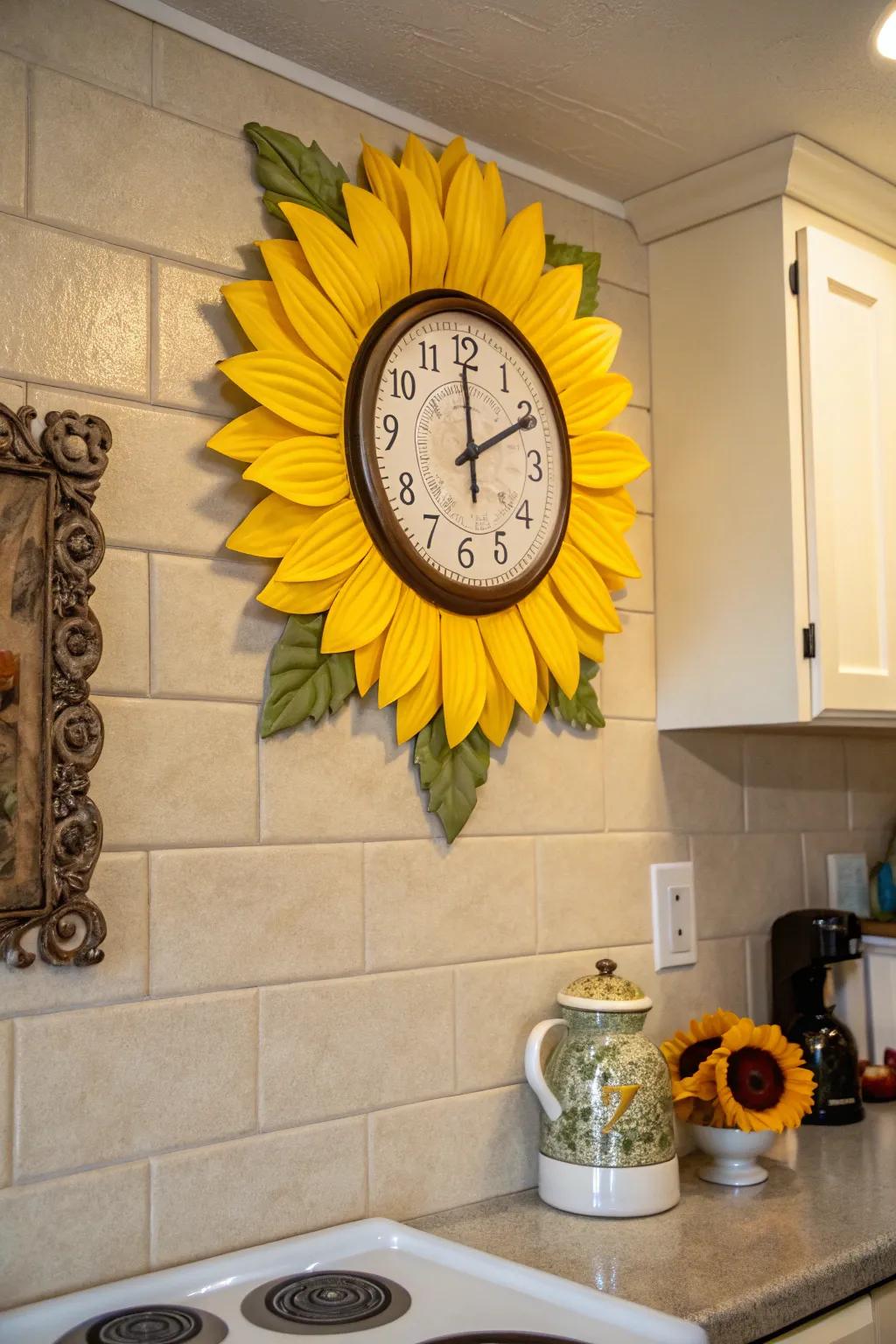 A sunflower clock serves as a delightful and useful ornamental piece.
