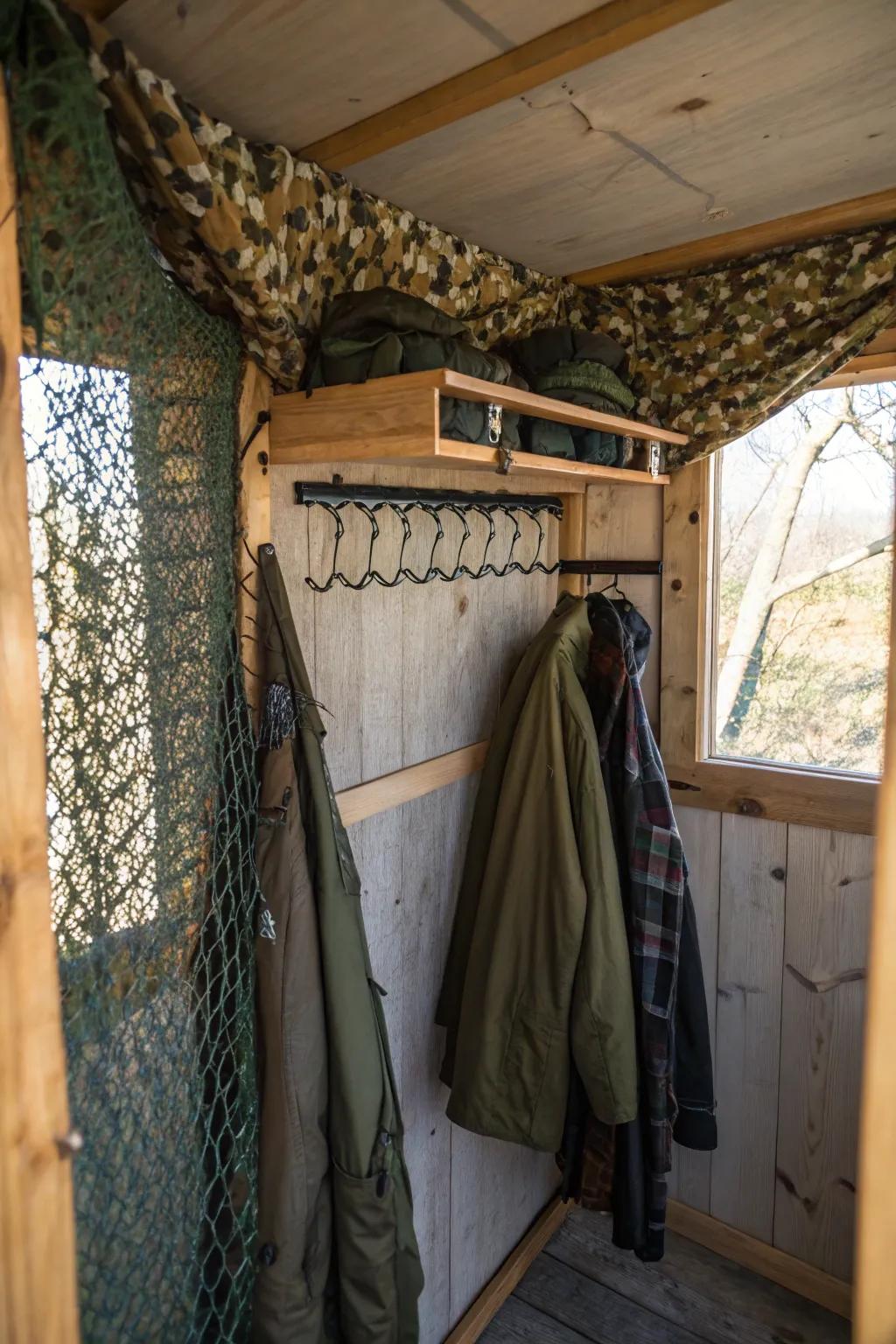 Hooks keep gear organized and accessible, maximizing space efficiency.