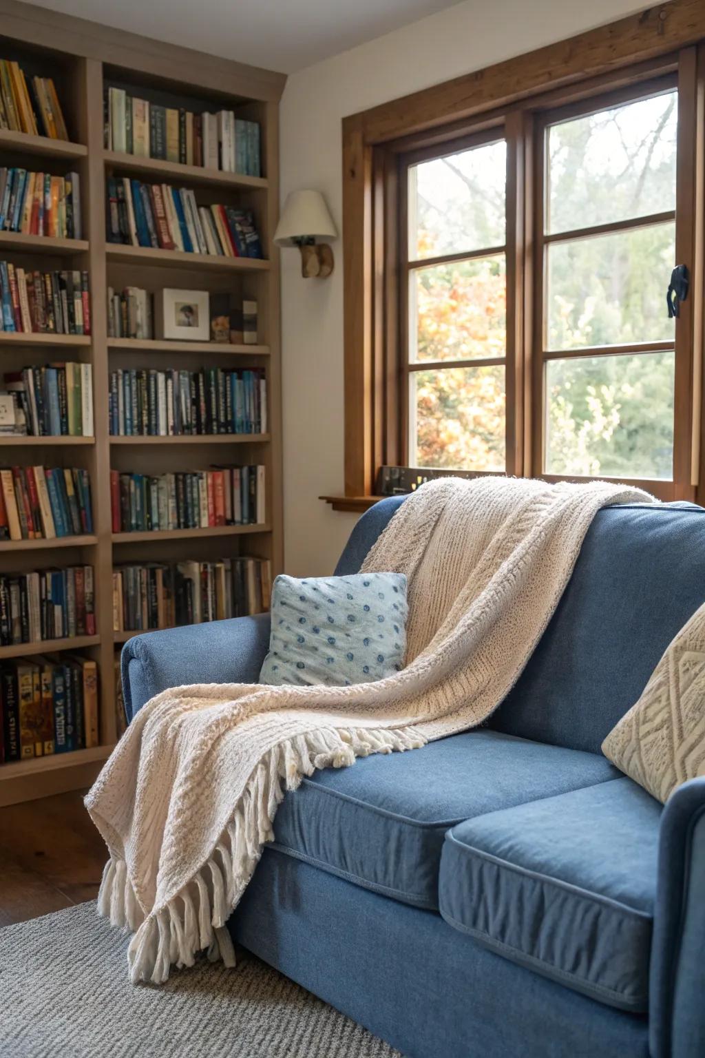 A cerulean couch morphs into the prime spot for a snug reading recess.