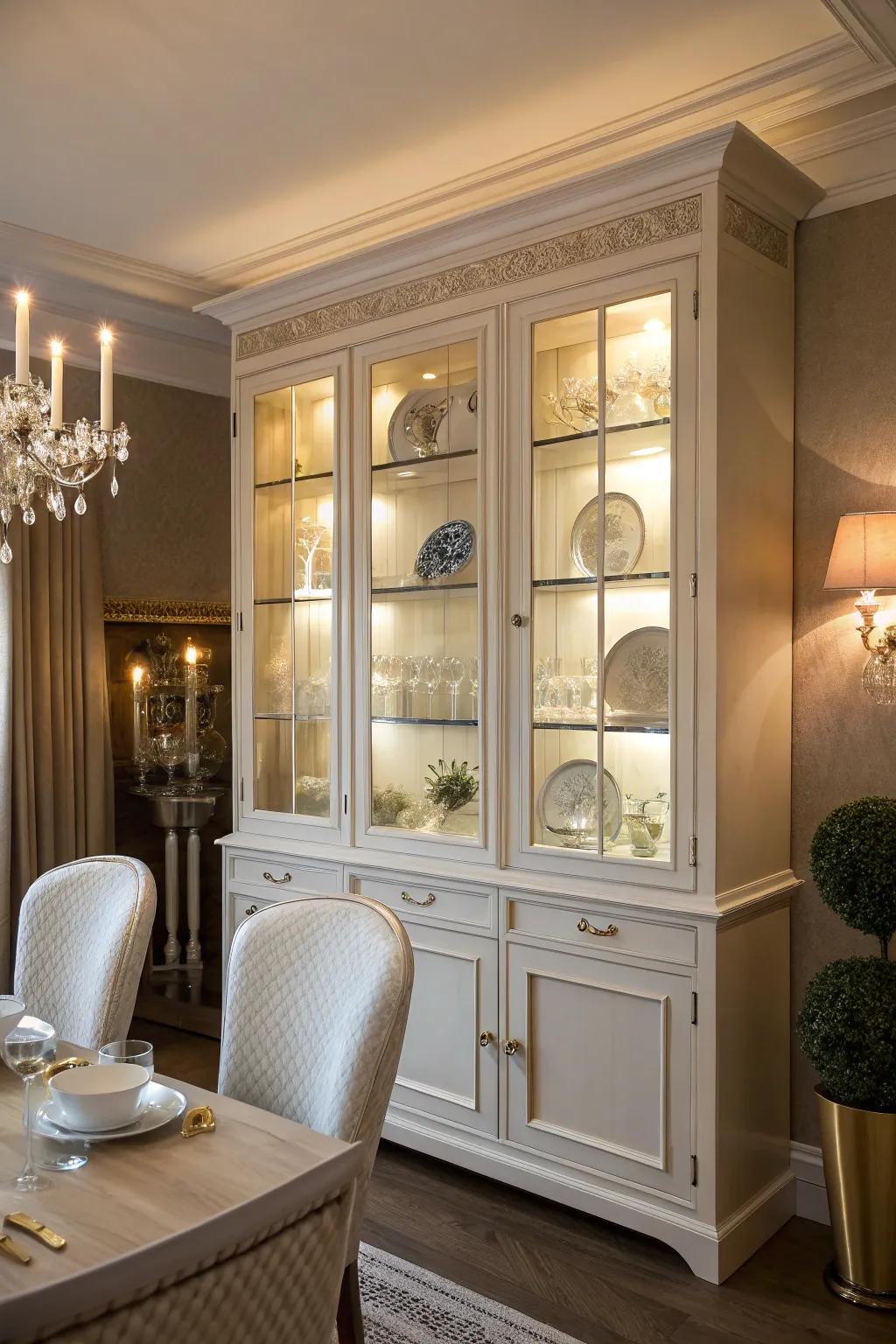 Integrated lighting elevates the ambiance and highlights the cabinet's contents.