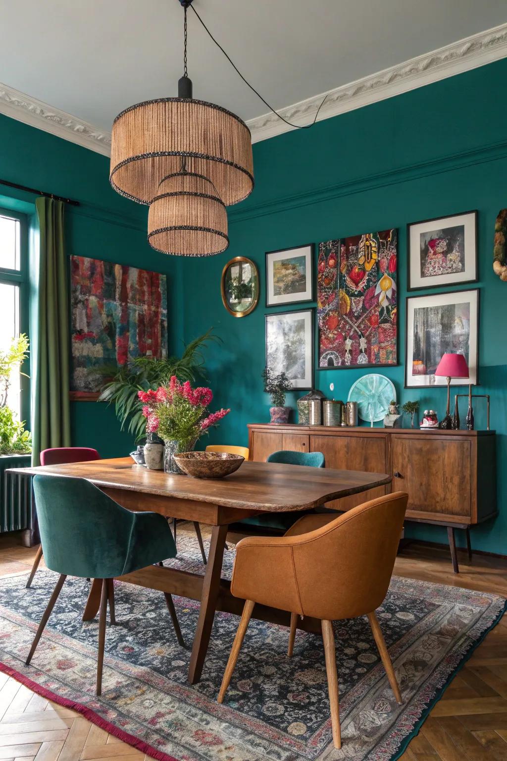 A lively dining space highlighted by the striking tone of teal.
